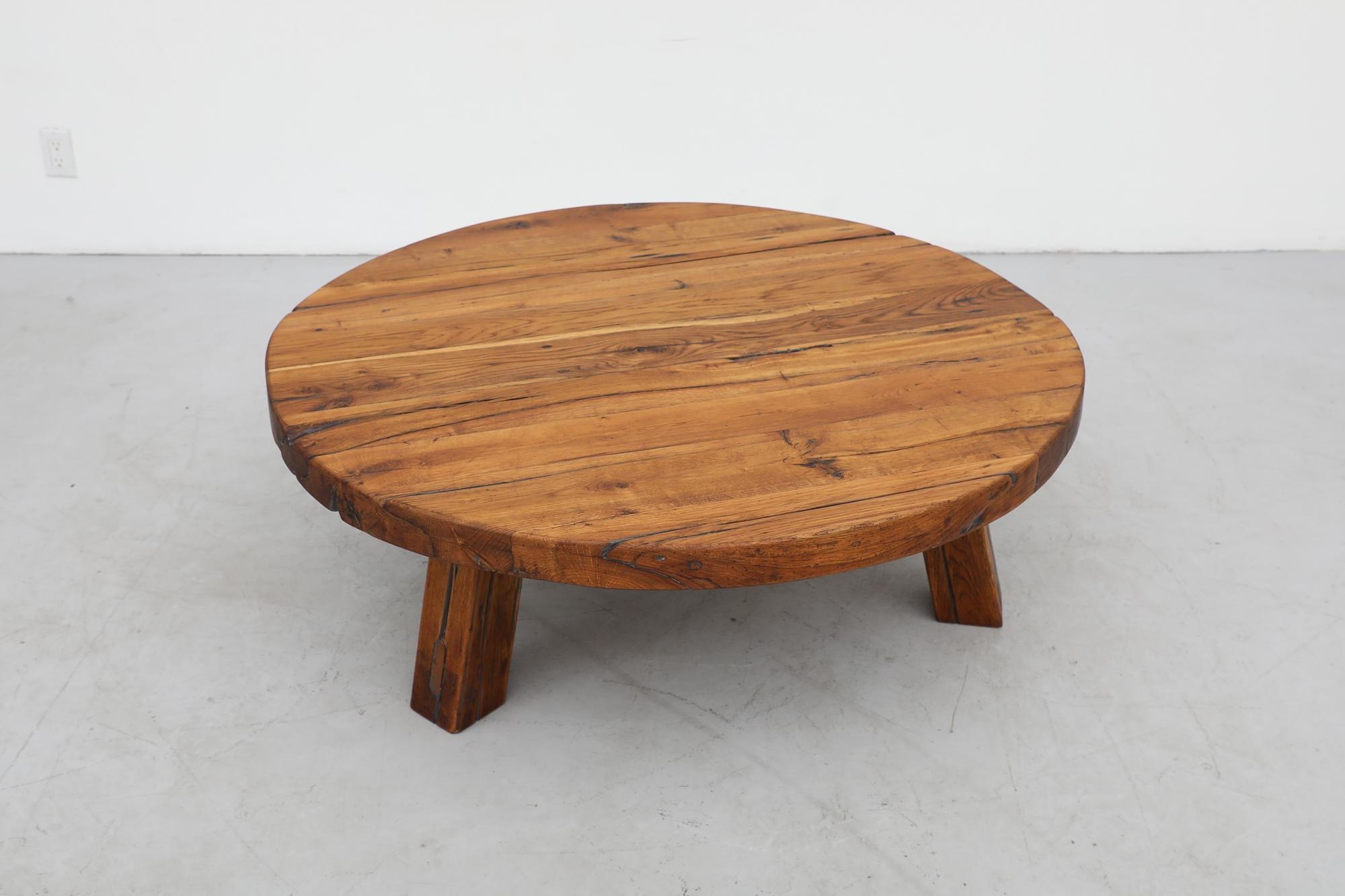 Late 20th Century Heavy Round Brutalist Oak Coffee Table