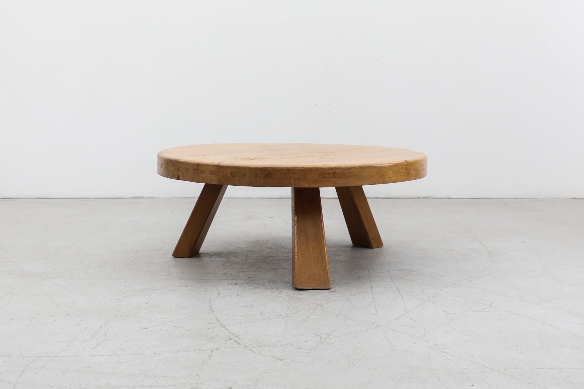 Mid-Century Modern Heavy Round Brutalist Oak Pierre Chapo Inspired Coffee Table