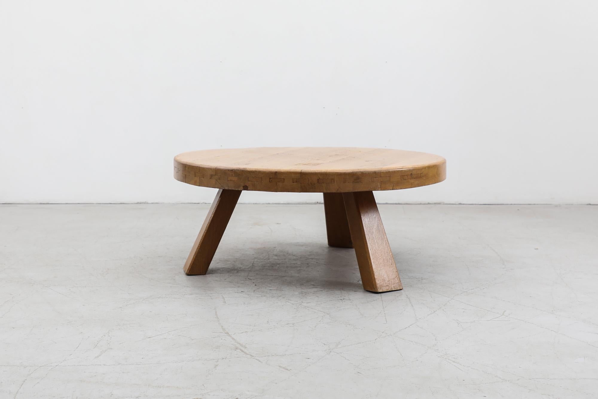 Heavy Round Brutalist Oak Pierre Chapo Inspired Coffee Table In Good Condition In Los Angeles, CA