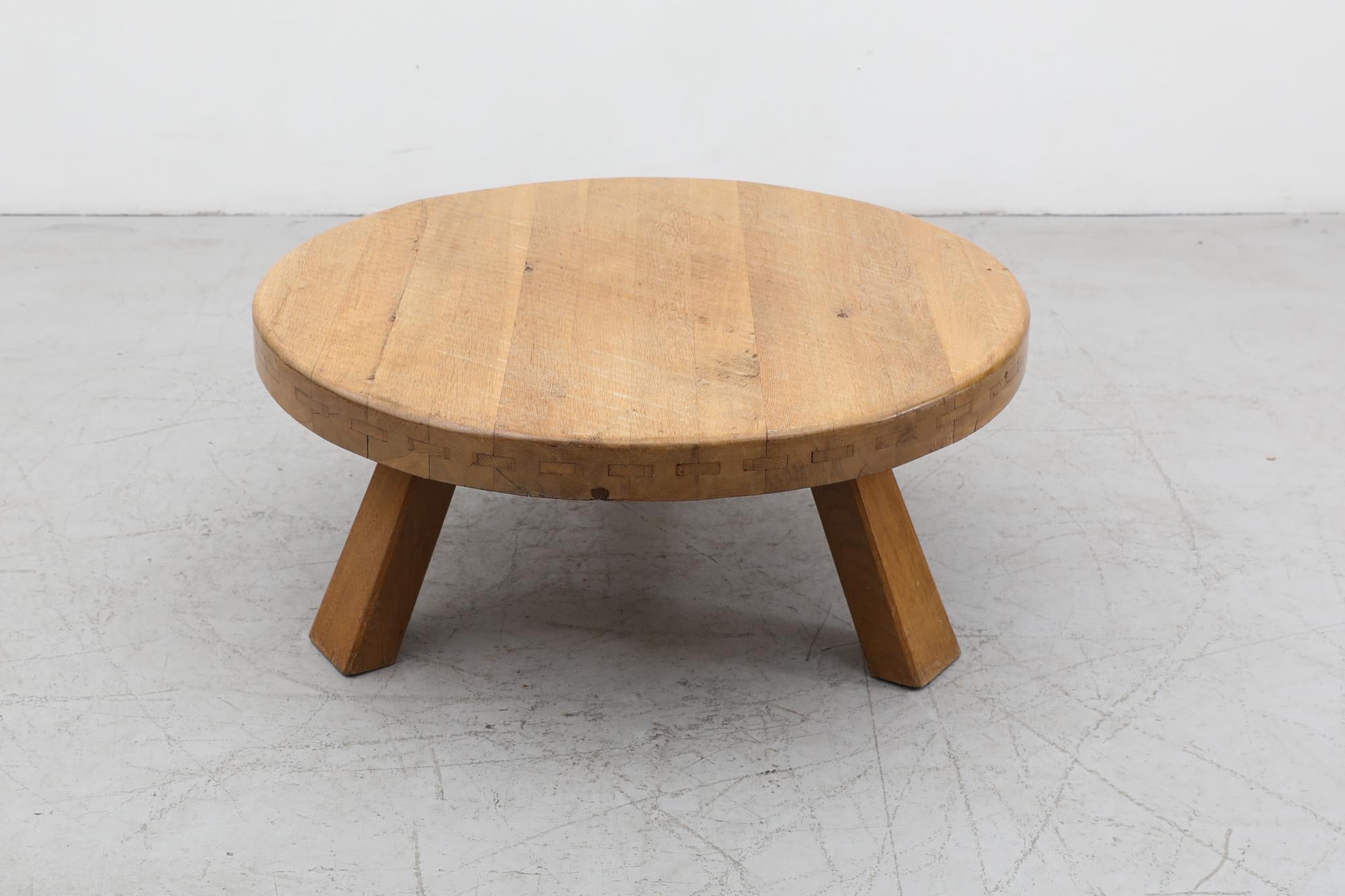 Mid-20th Century Heavy Round Brutalist Oak Pierre Chapo Inspired Coffee Table