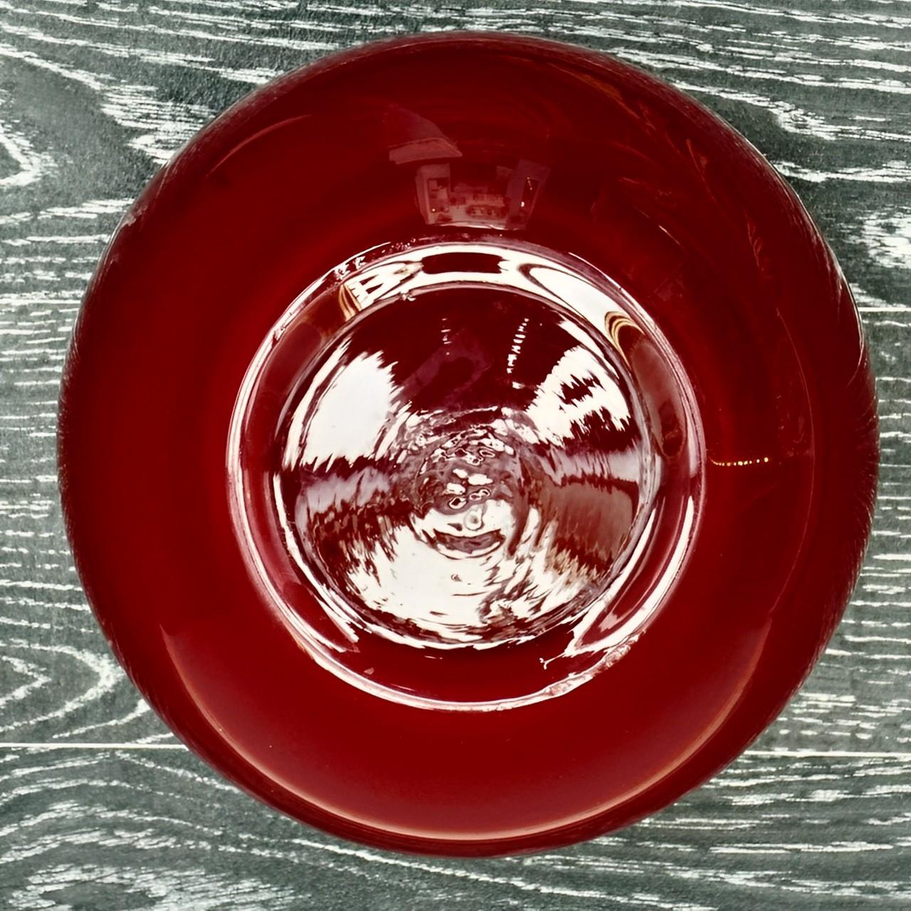 Heavy Round Red Art Glass Ball Vase with White Interior circa 1970s In Good Condition For Sale In London, GB
