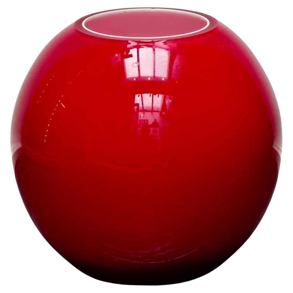 Heavy Round Red Art Glass Ball Vase with White Interior circa 1970s For Sale