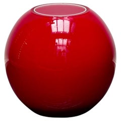 Heavy Round Red Art Glass Ball Vase with White Interior circa 1970s