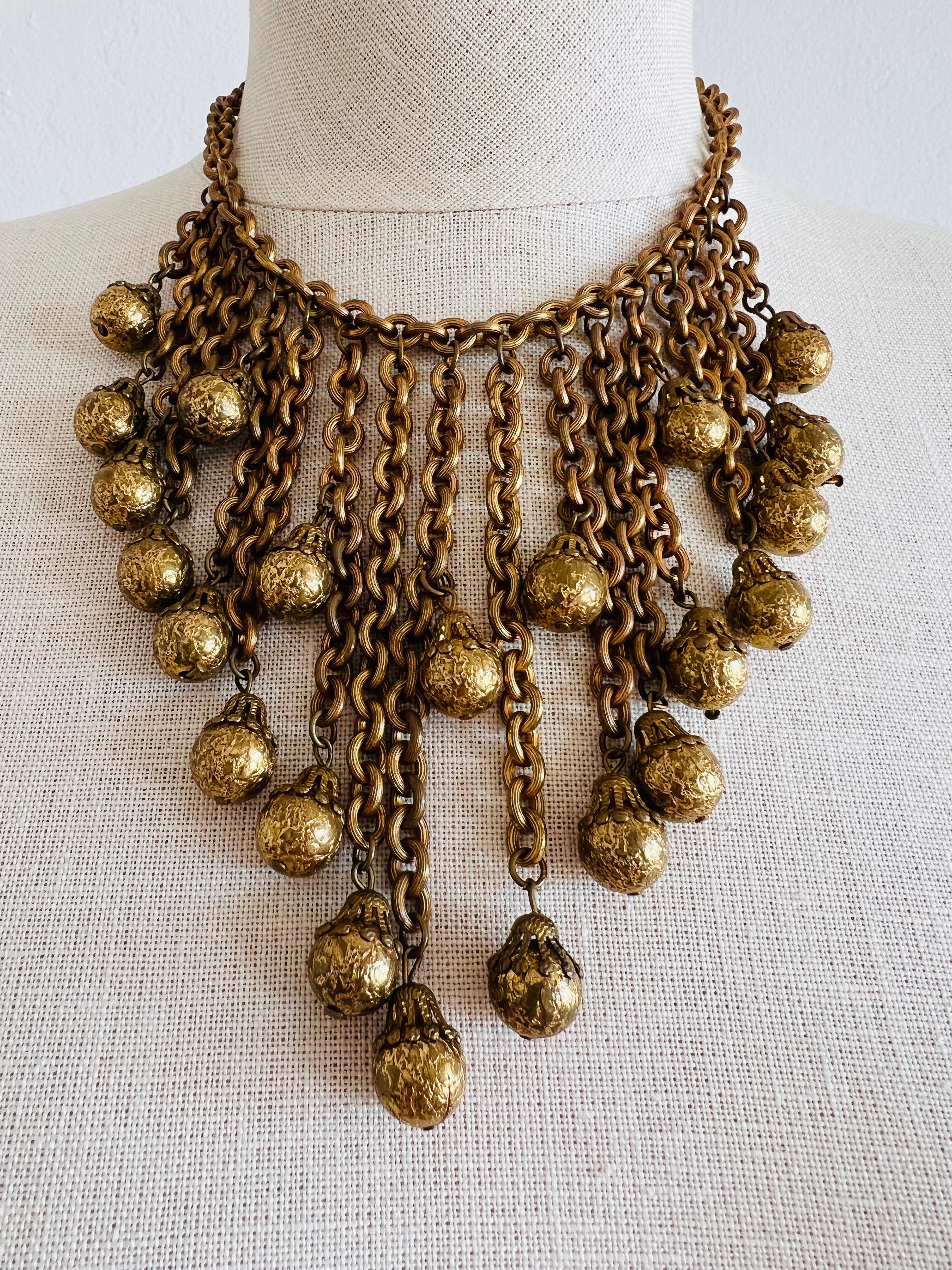 Unsigned Miriam Haskell Heavy Russian Gold Chain Ball Tassel Choker Bib Necklace For Sale