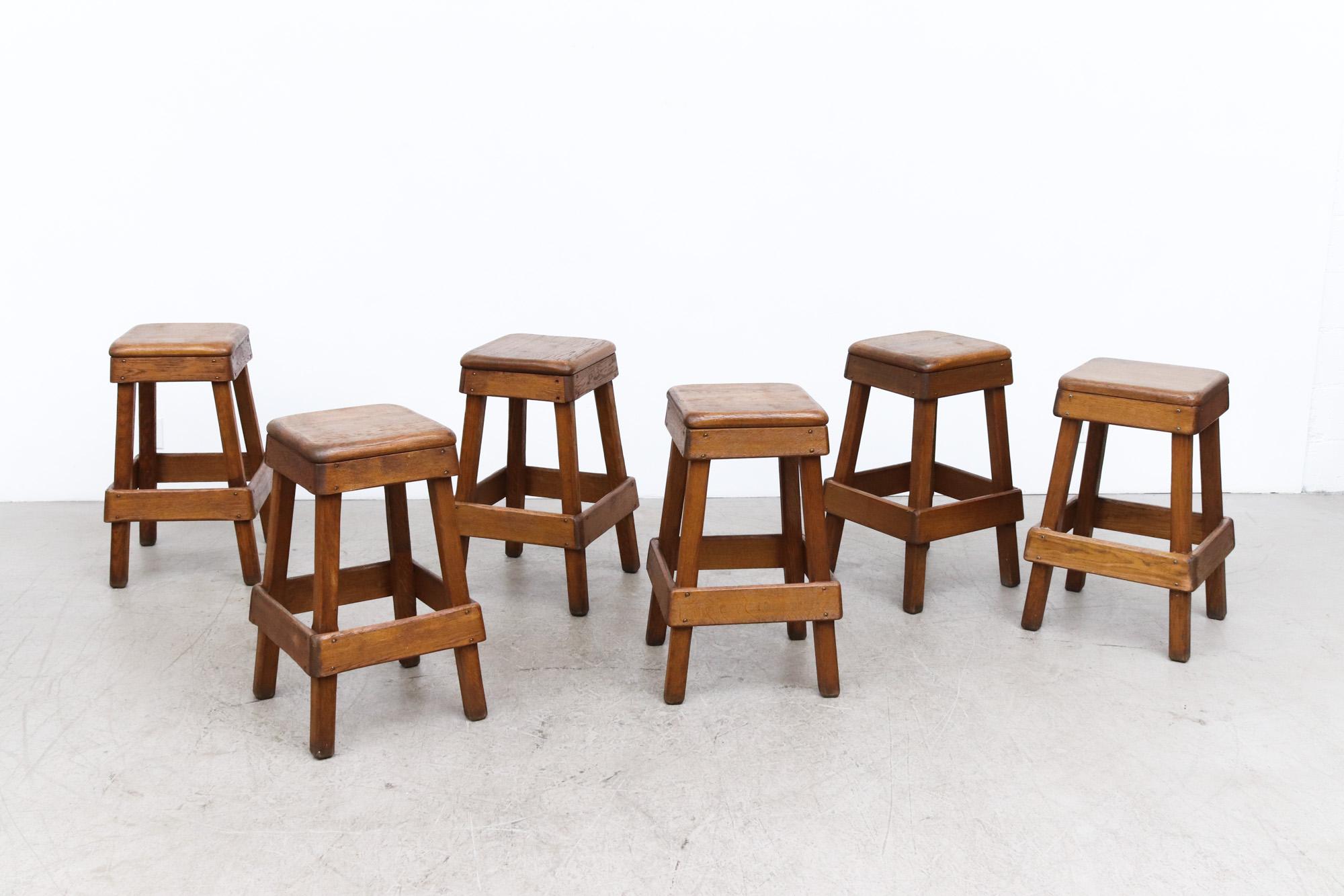 Heavy Rustic Oak Brutalist Bar Stool. In original condition, with visible wear and nice patina. Foot rest is 12.5