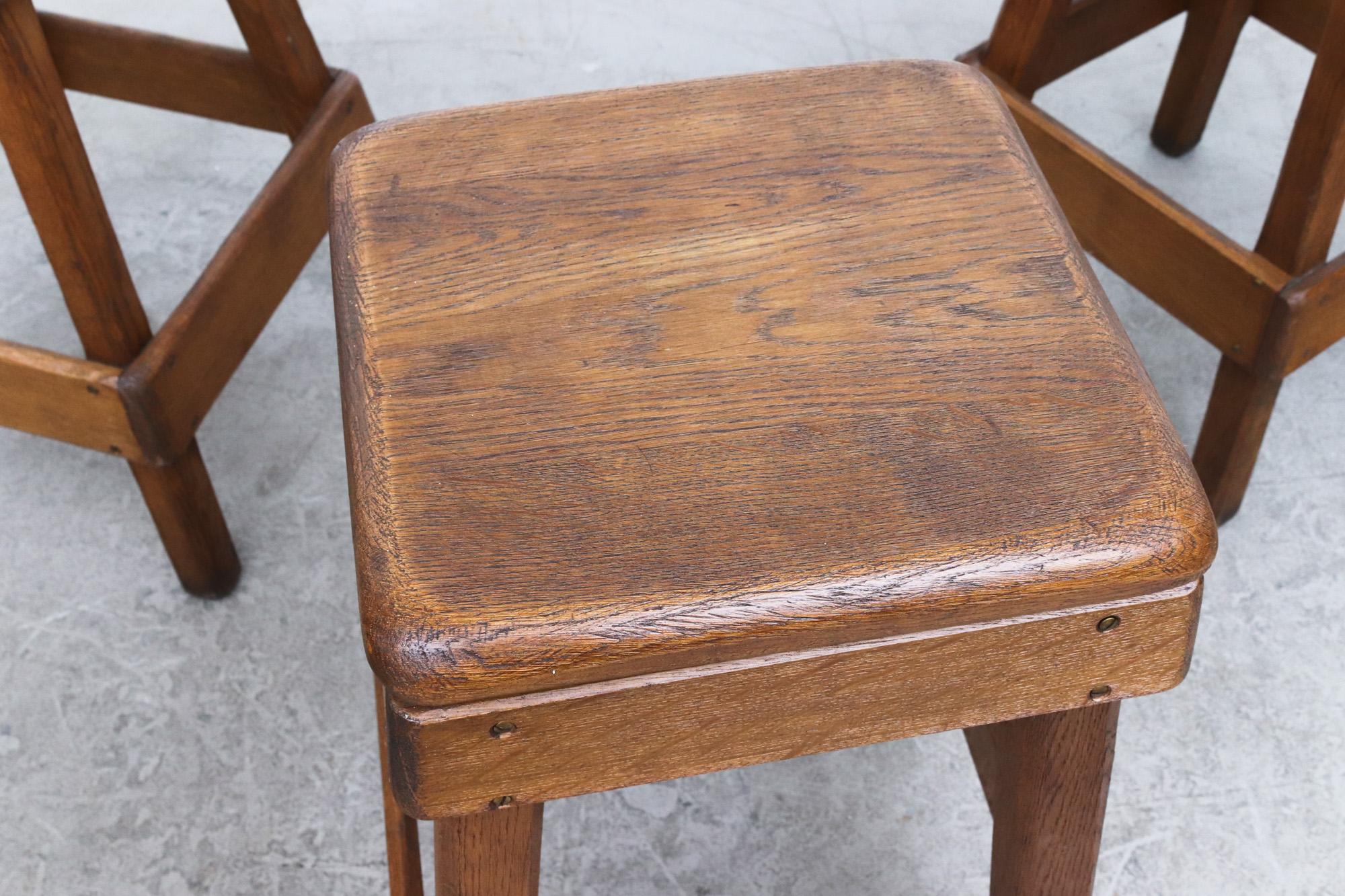 Mid-Century Modern Heavy Rustic Oak Brutalist Bar Height Stool For Sale