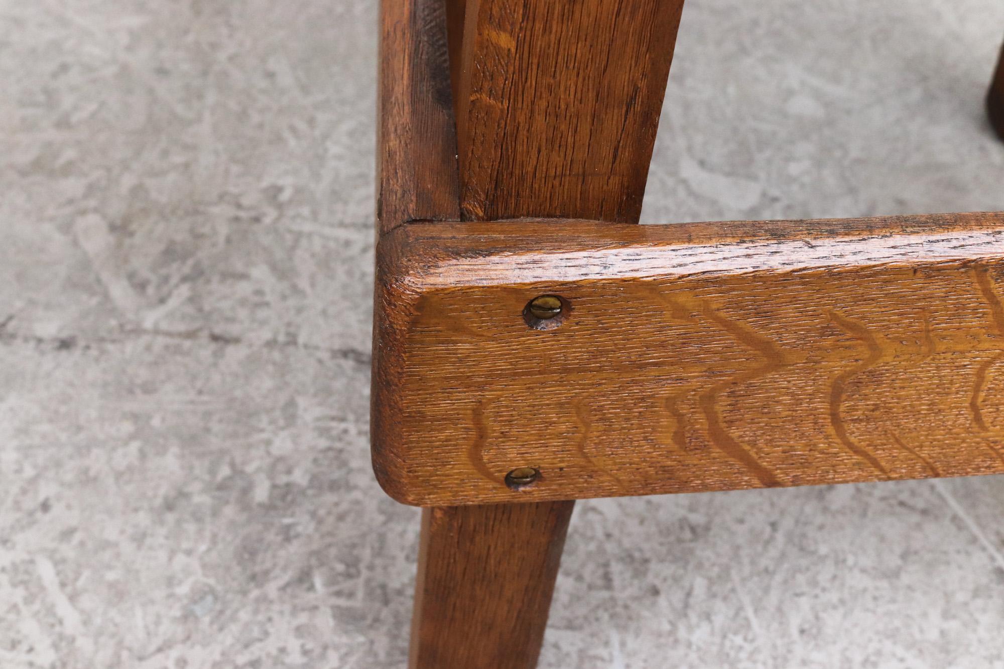 Dutch Heavy Rustic Oak Brutalist Bar Height Stool For Sale