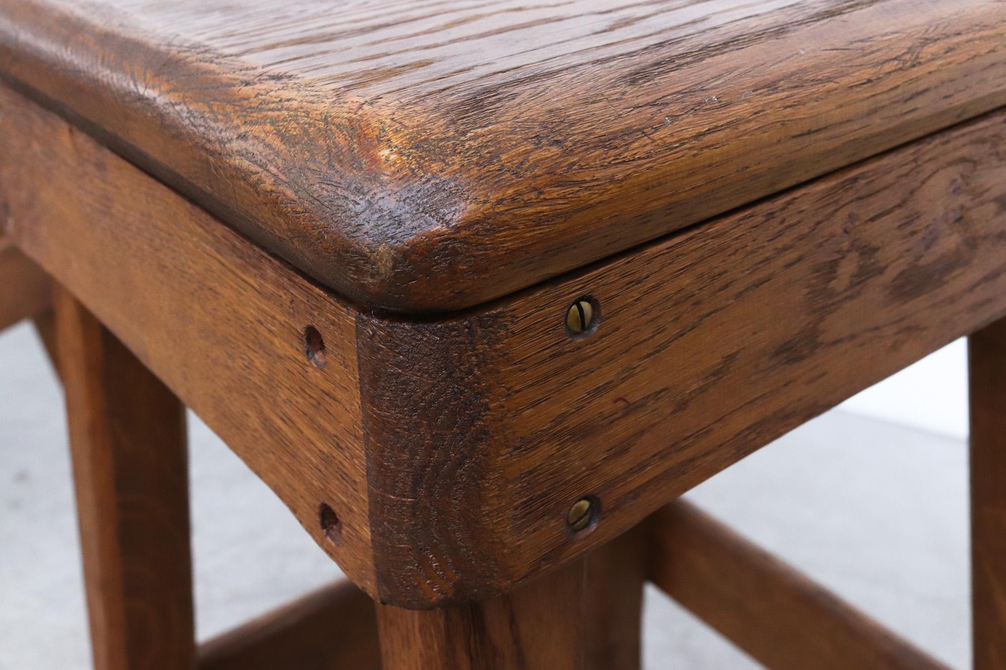 Heavy Rustic Oak Brutalist Bar Height Stool In Good Condition For Sale In Los Angeles, CA