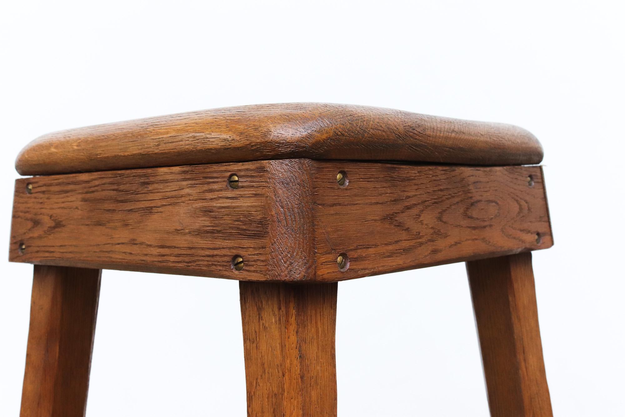 Heavy Rustic Oak Brutalist Bar Height Stool For Sale 1