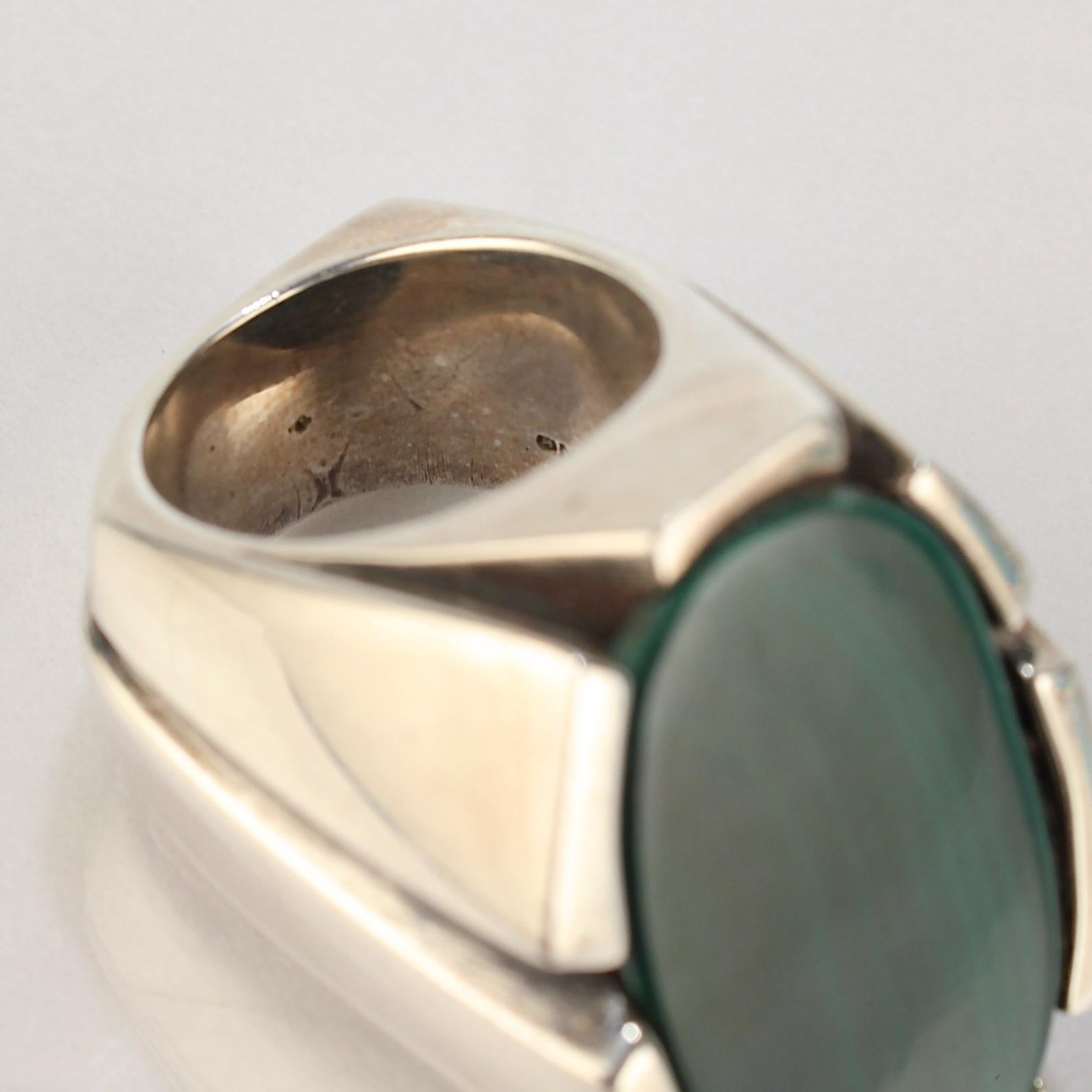 Heavy Signed Wesley Emmons Modernist Sterling Silver and Malachite Signet Ring 2