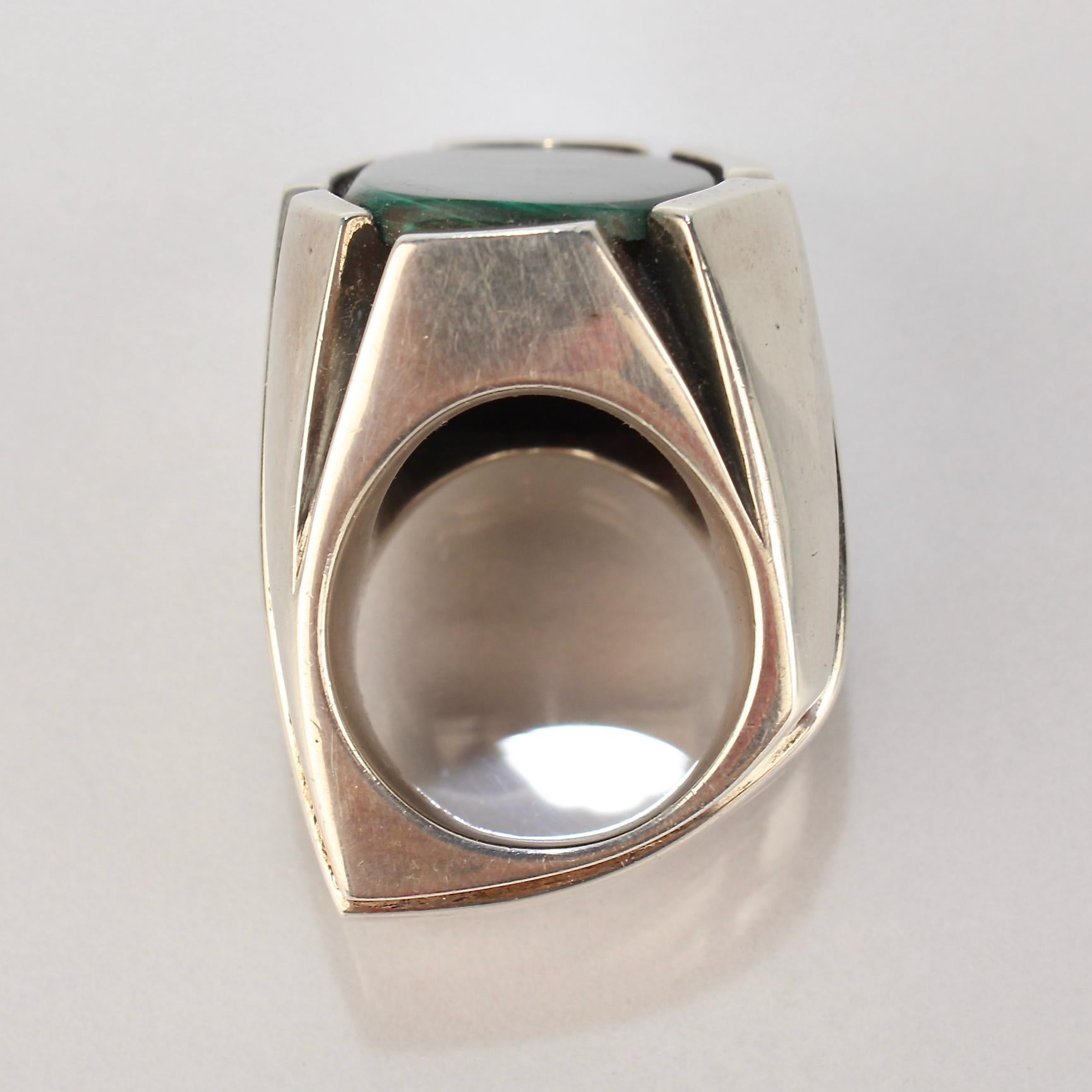 Heavy Signed Wesley Emmons Modernist Sterling Silver and Malachite Signet Ring 3