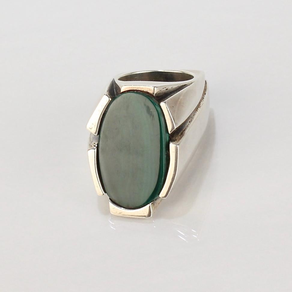 Heavy Signed Wesley Emmons Modernist Sterling Silver and Malachite Signet Ring 4
