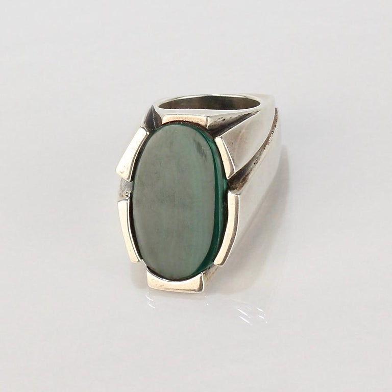Heavy Signed Wesley Emmons Modernist Sterling Silver and Malachite Signet Ring For Sale 7
