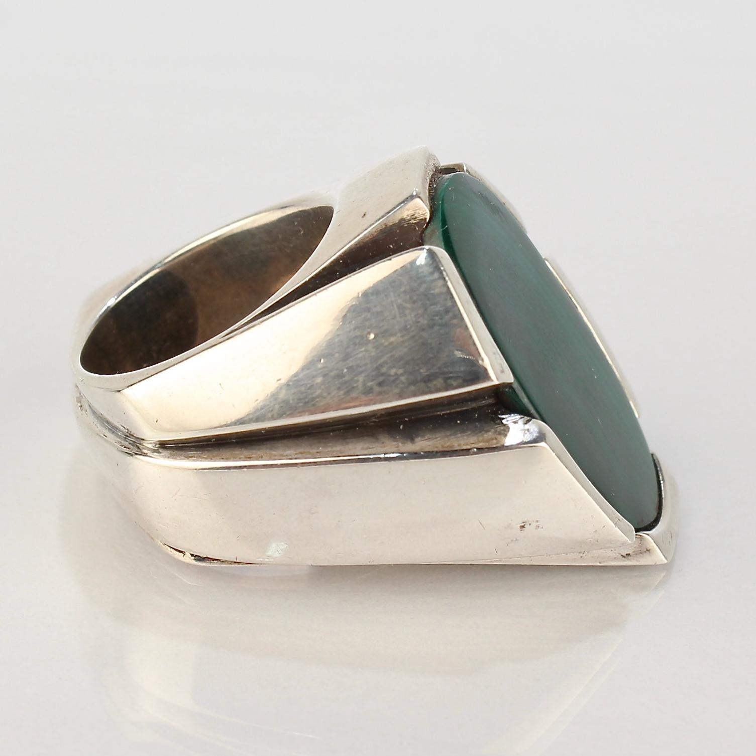 Heavy Signed Wesley Emmons Modernist Sterling Silver and Malachite Signet Ring In Good Condition In Philadelphia, PA