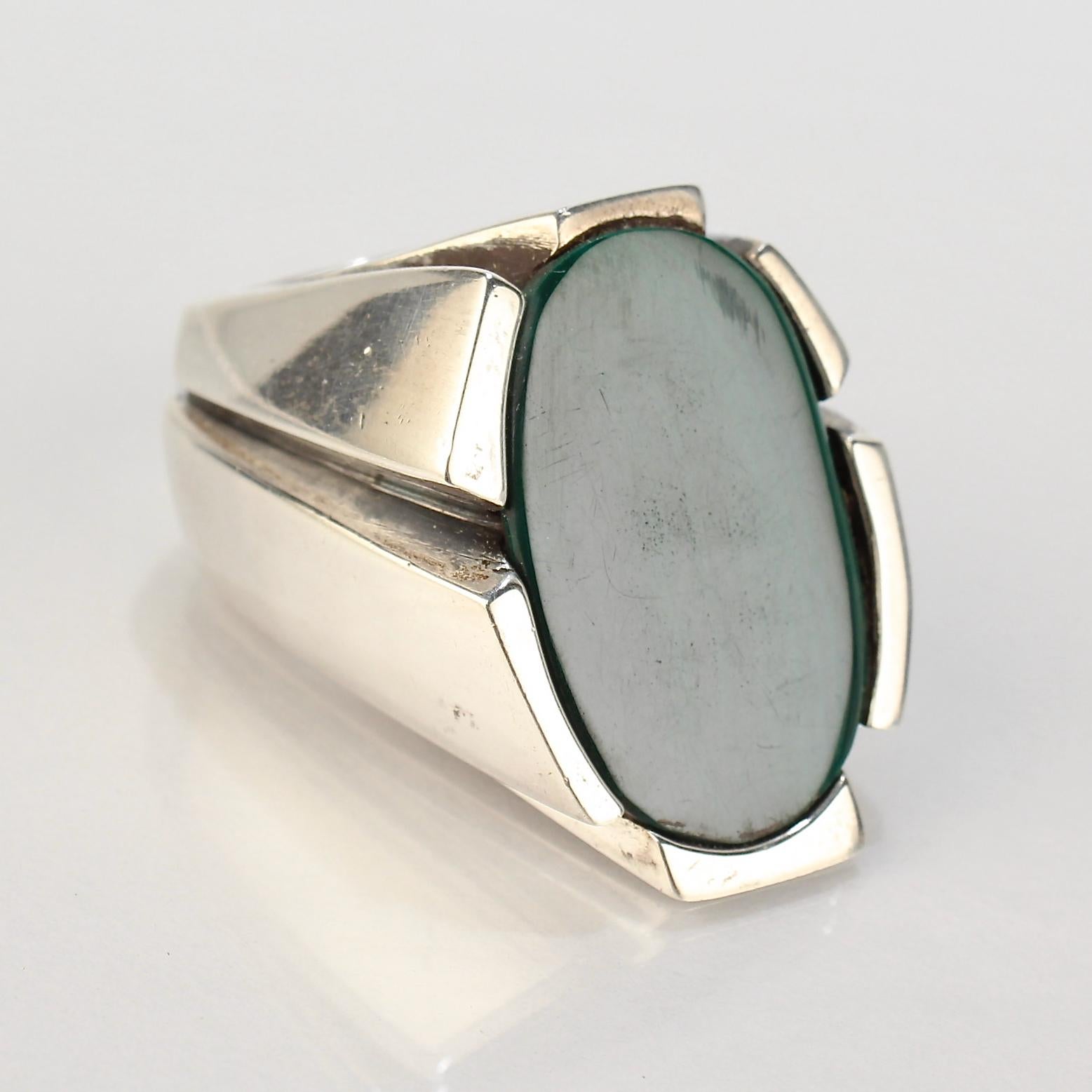 Women's or Men's Heavy Signed Wesley Emmons Modernist Sterling Silver and Malachite Signet Ring