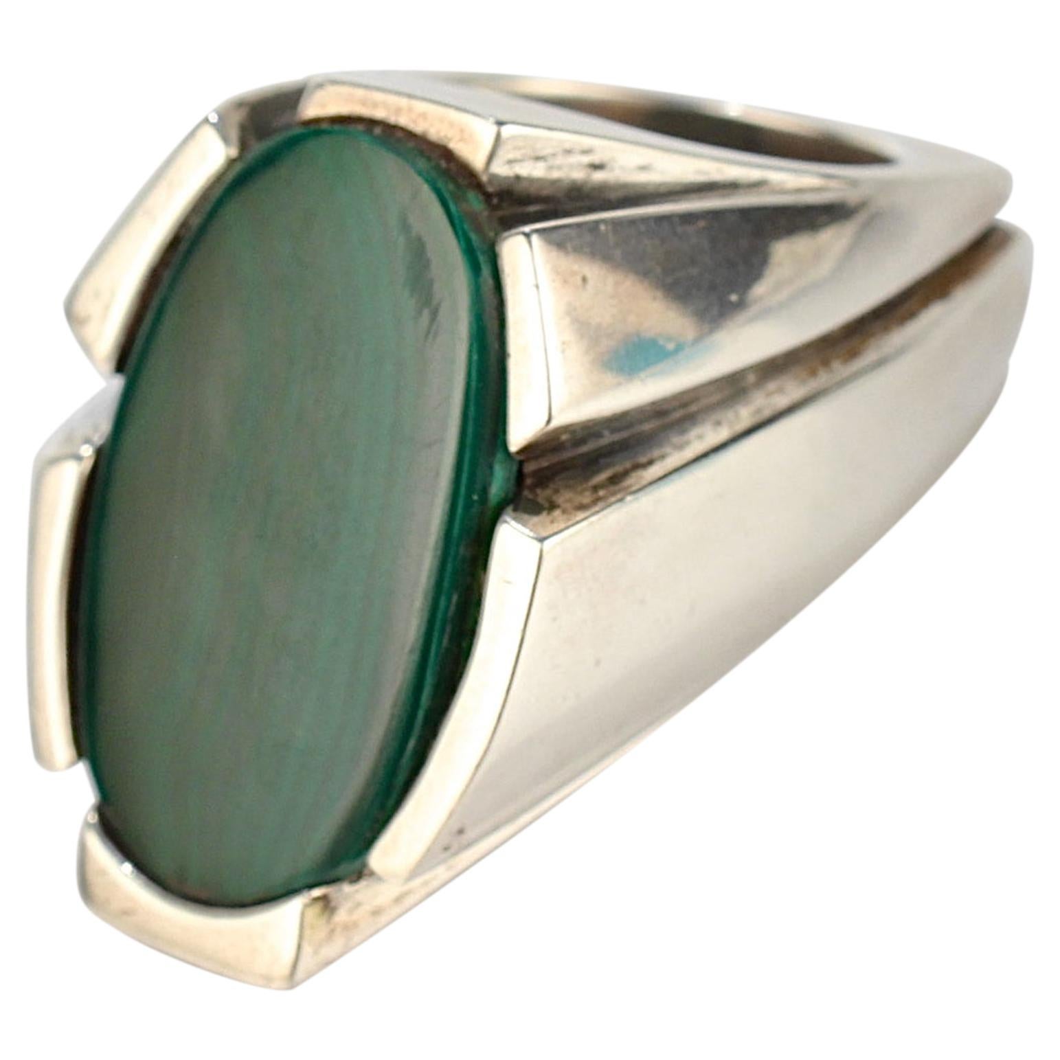 Heavy Signed Wesley Emmons Modernist Sterling Silver and Malachite Signet Ring