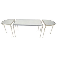 Heavy Silver Gilt Steel Mirrored Top Racetrack Shape 3 Pieces Coffee End Tables