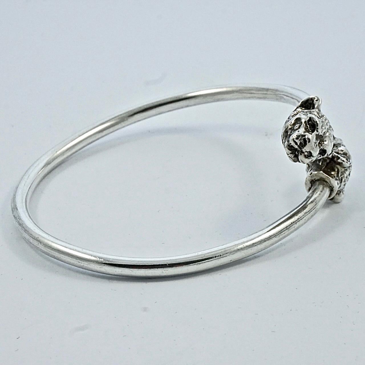 Heavy Silver Leopard Heads Bangle Bracelet In Good Condition For Sale In London, GB