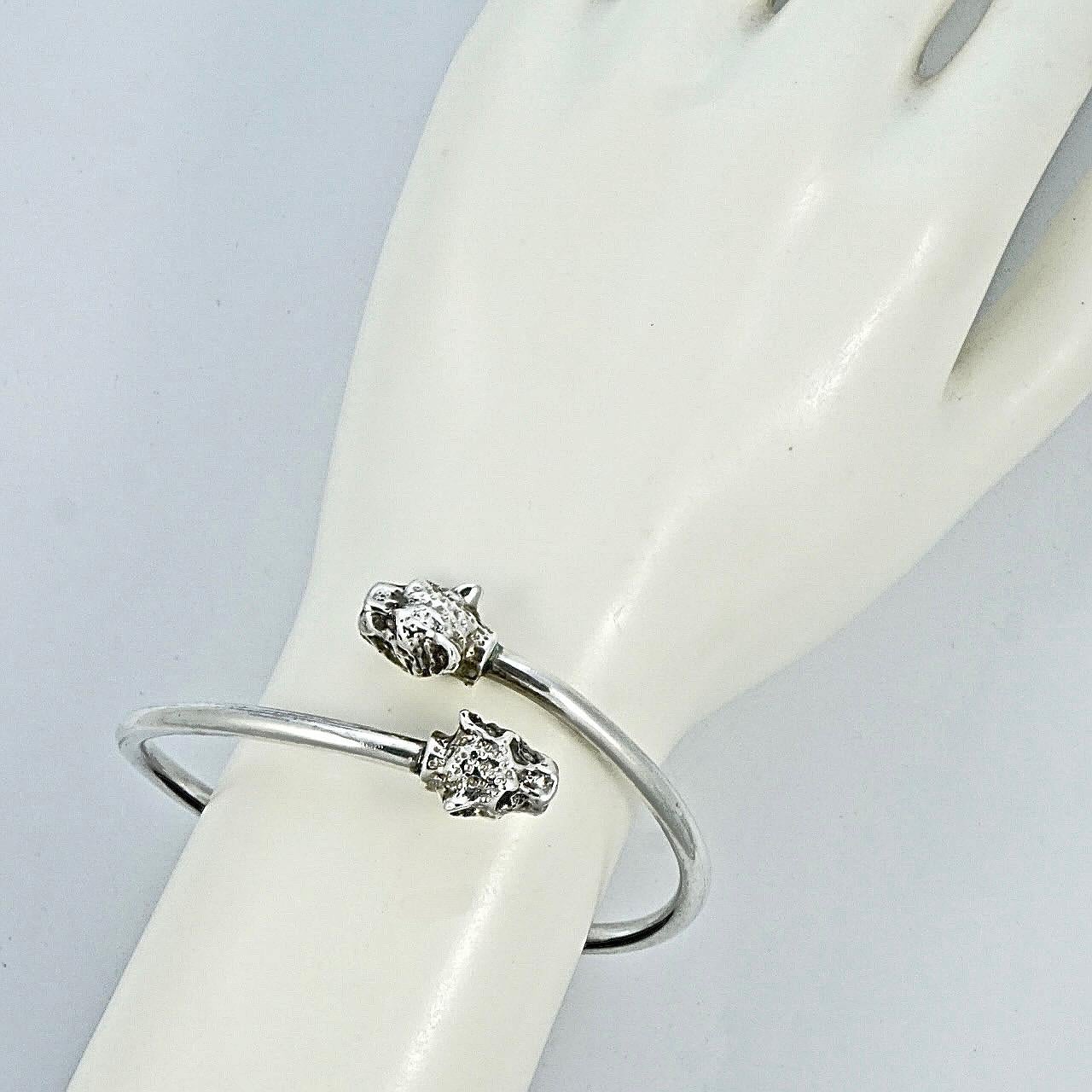 Women's or Men's Heavy Silver Leopard Heads Bangle Bracelet For Sale