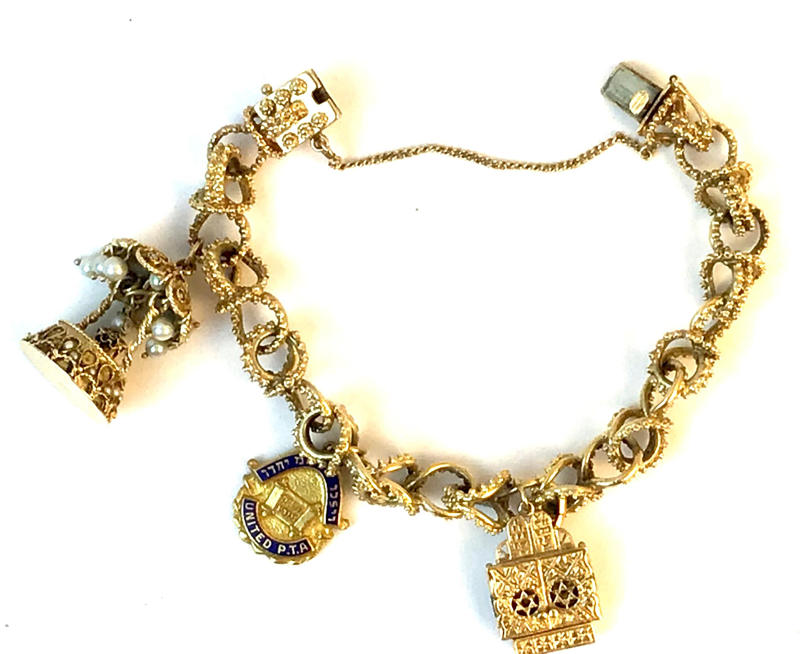 Heavy Solid 14k Gold Charm Bracelet with Charms For Sale 3