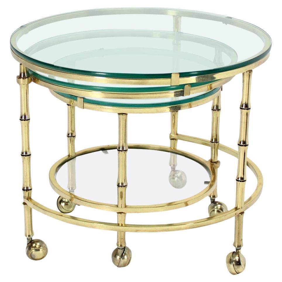 Heavy Solid Bronze Faux Bamboo Expandable Round Nesting Coffee Side Tables MINT!
Glass top multi level folding coffee table on wheels casters. 







In style of Maison Bagues