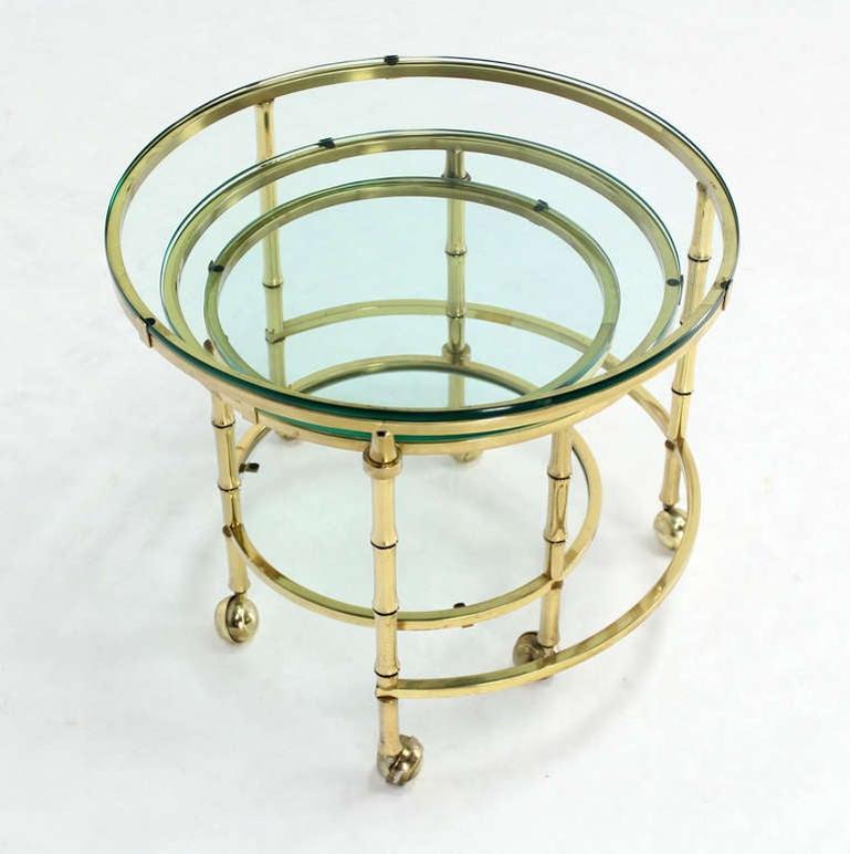 Laiton Heavy Solid Bronze Faux Bamboo Expansion Round Nesting Coffee Side Tables MINT ! en vente