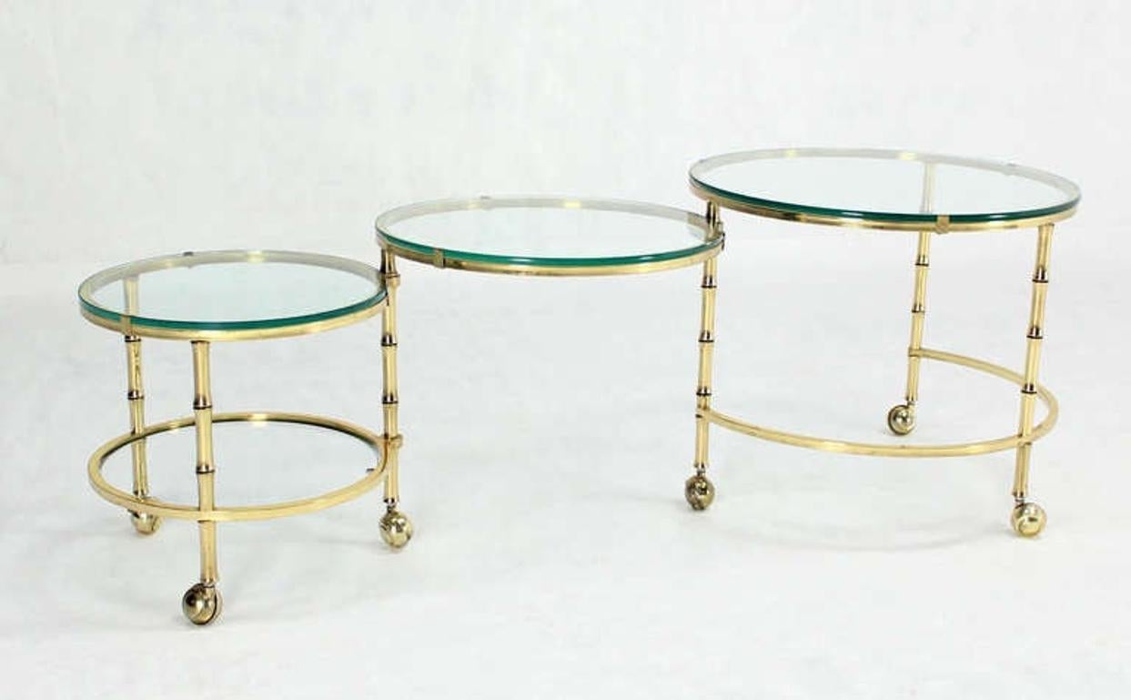 Heavy Solid Bronze Faux Bamboo Expansion Round Nesting Coffee Side Tables MINT! For Sale 1