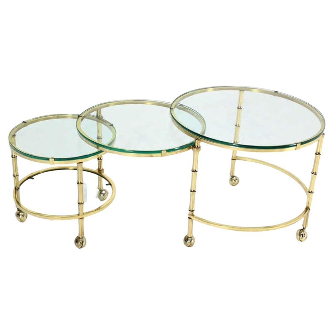 Heavy Solid Bronze Faux Bamboo Expansion Round Nesting Coffee Side Tables MINT! For Sale