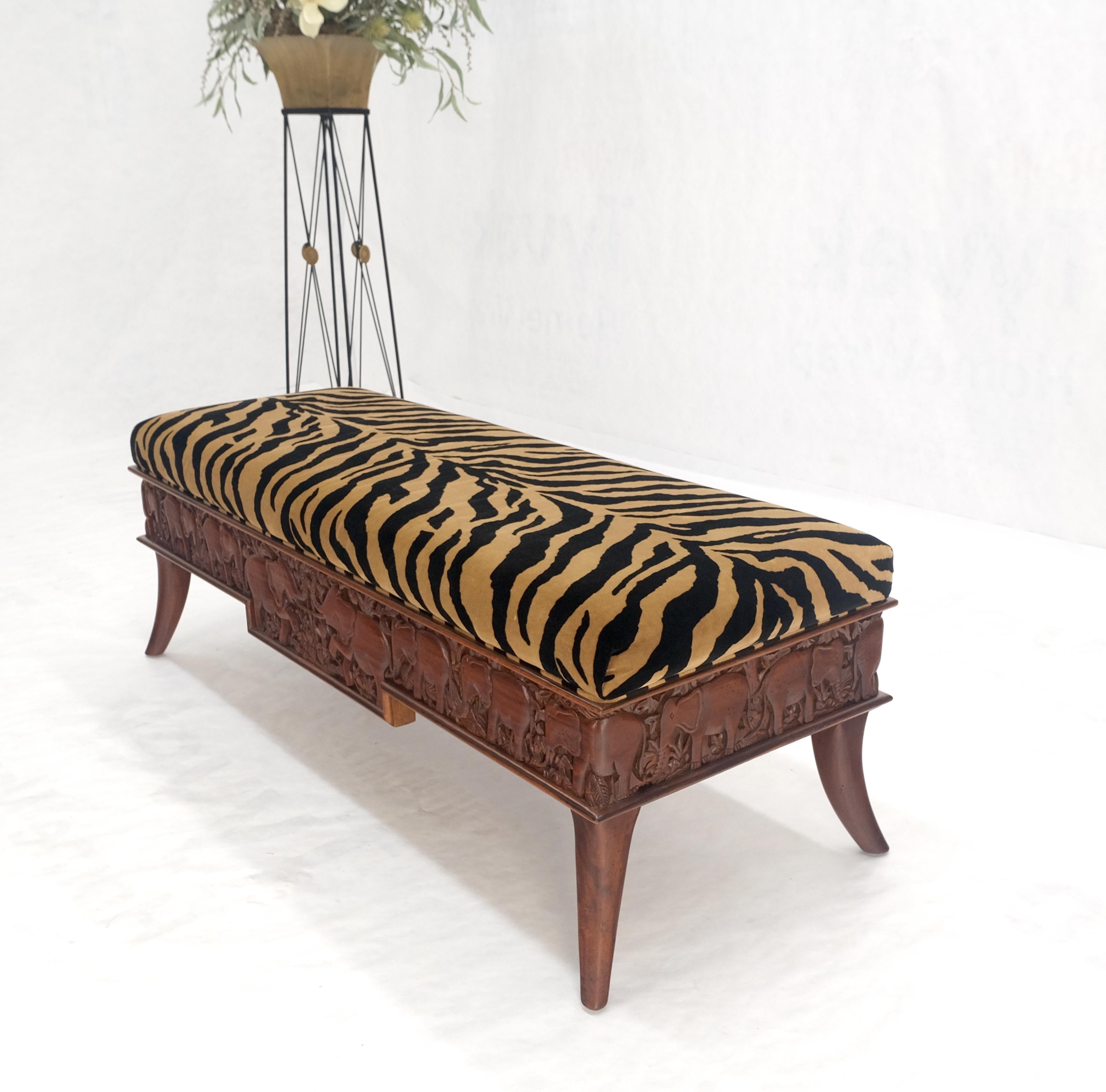 Heavy Solid Carved Elephants Teak Base Tiger Upholstery Horn Leg Bench MINT! For Sale 3