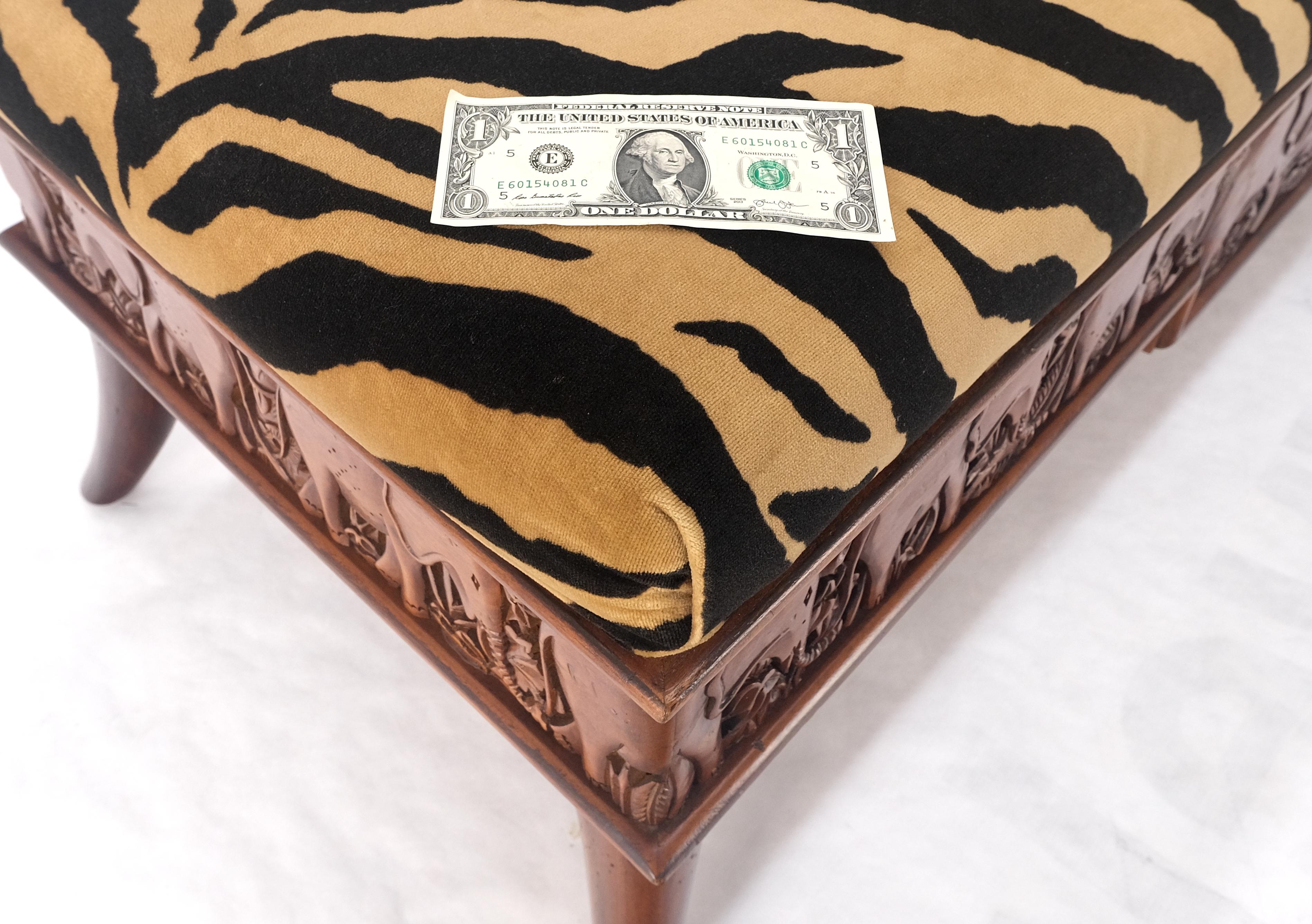 Heavy Solid Carved Elephants Teak Base Tiger Upholstery Horn Leg Bench MINT! For Sale 4