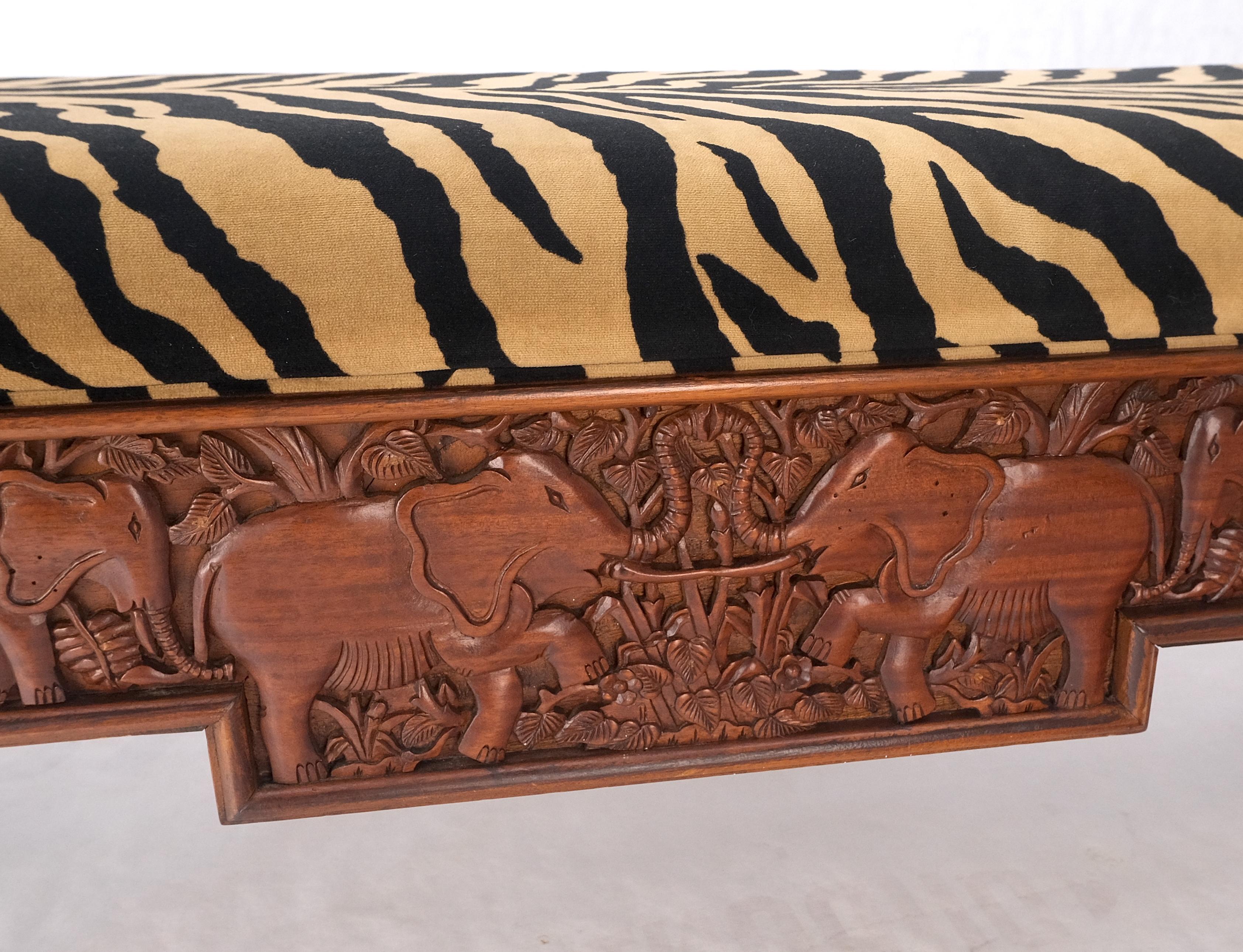 Heavy Solid Carved Elephants Teak Base Tiger Pattern Upholstery Tapered Horn Leg Bench MINT!