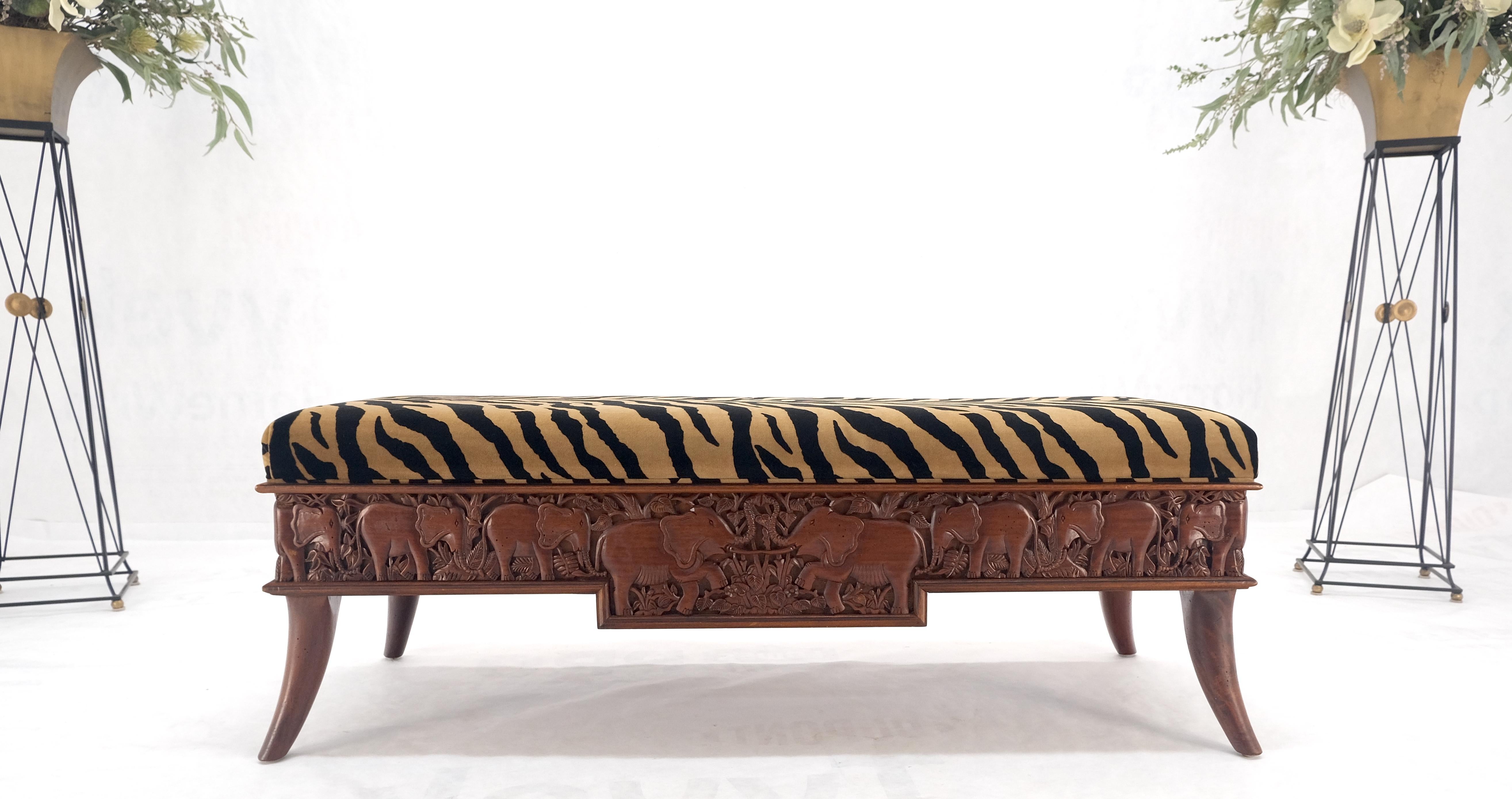 Unknown Heavy Solid Carved Elephants Teak Base Tiger Upholstery Horn Leg Bench MINT! For Sale