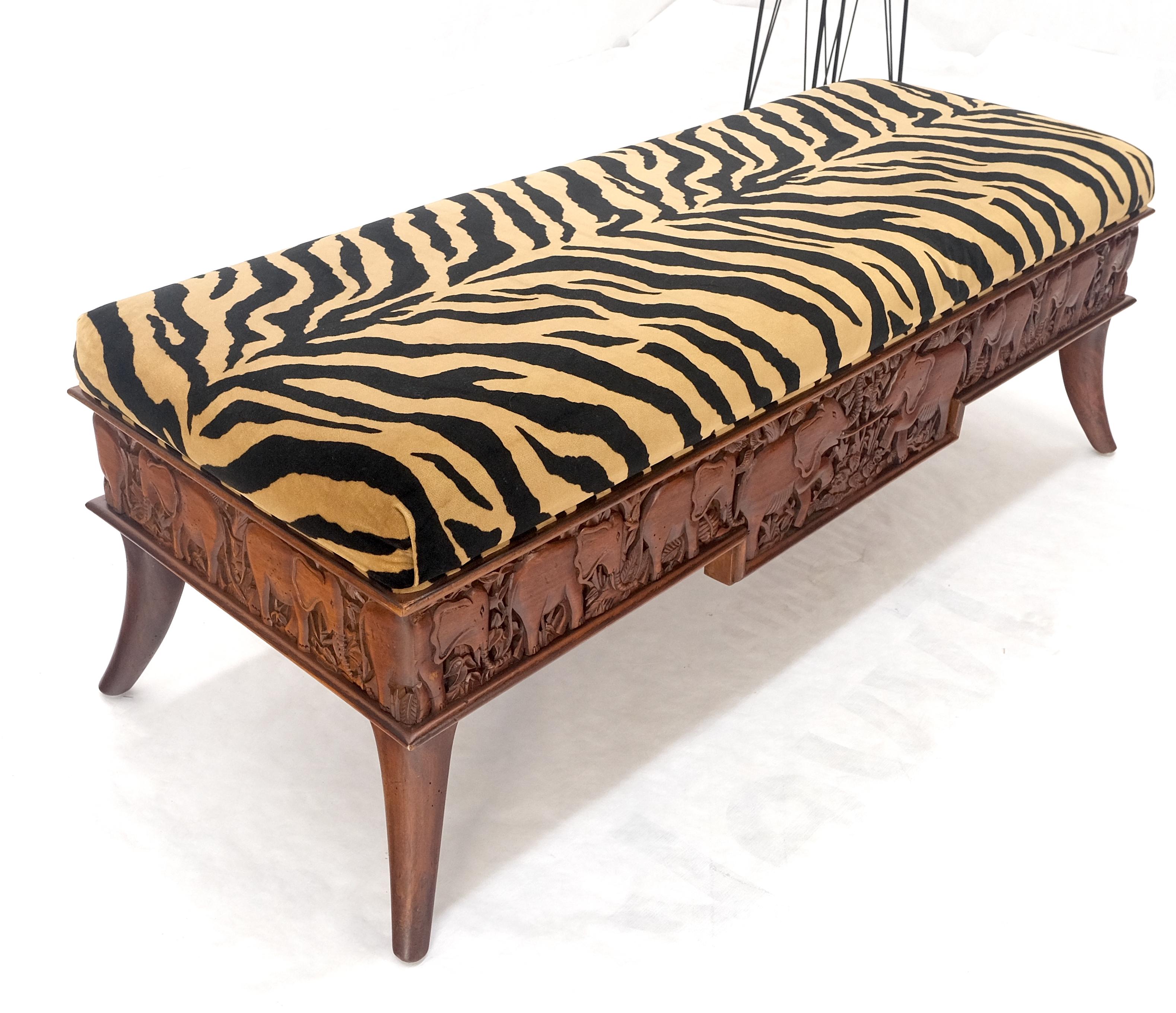 Lacquered Heavy Solid Carved Elephants Teak Base Tiger Upholstery Horn Leg Bench MINT! For Sale