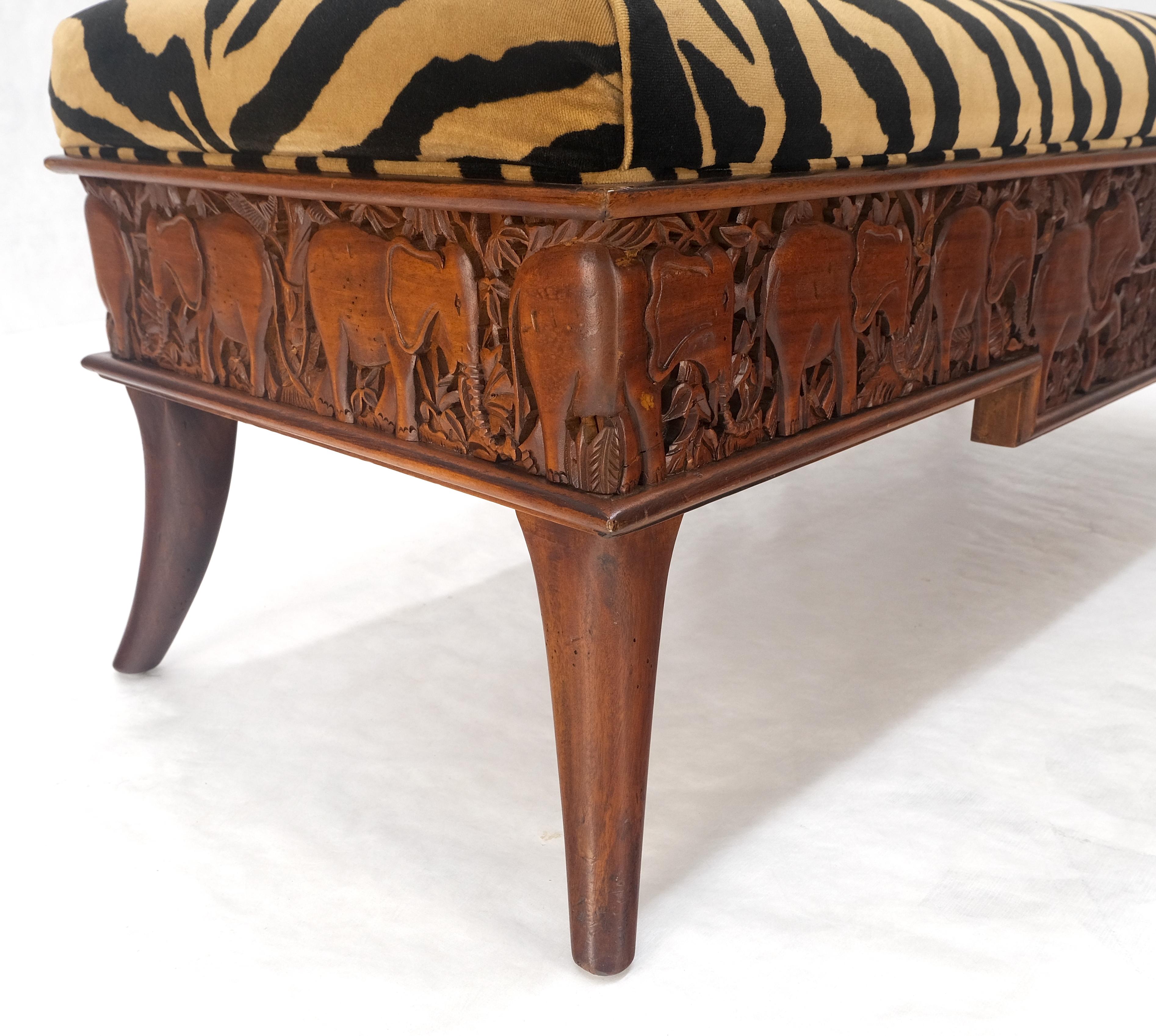 Heavy Solid Carved Elephants Teak Base Tiger Upholstery Horn Leg Bench MINT! In Excellent Condition For Sale In Rockaway, NJ