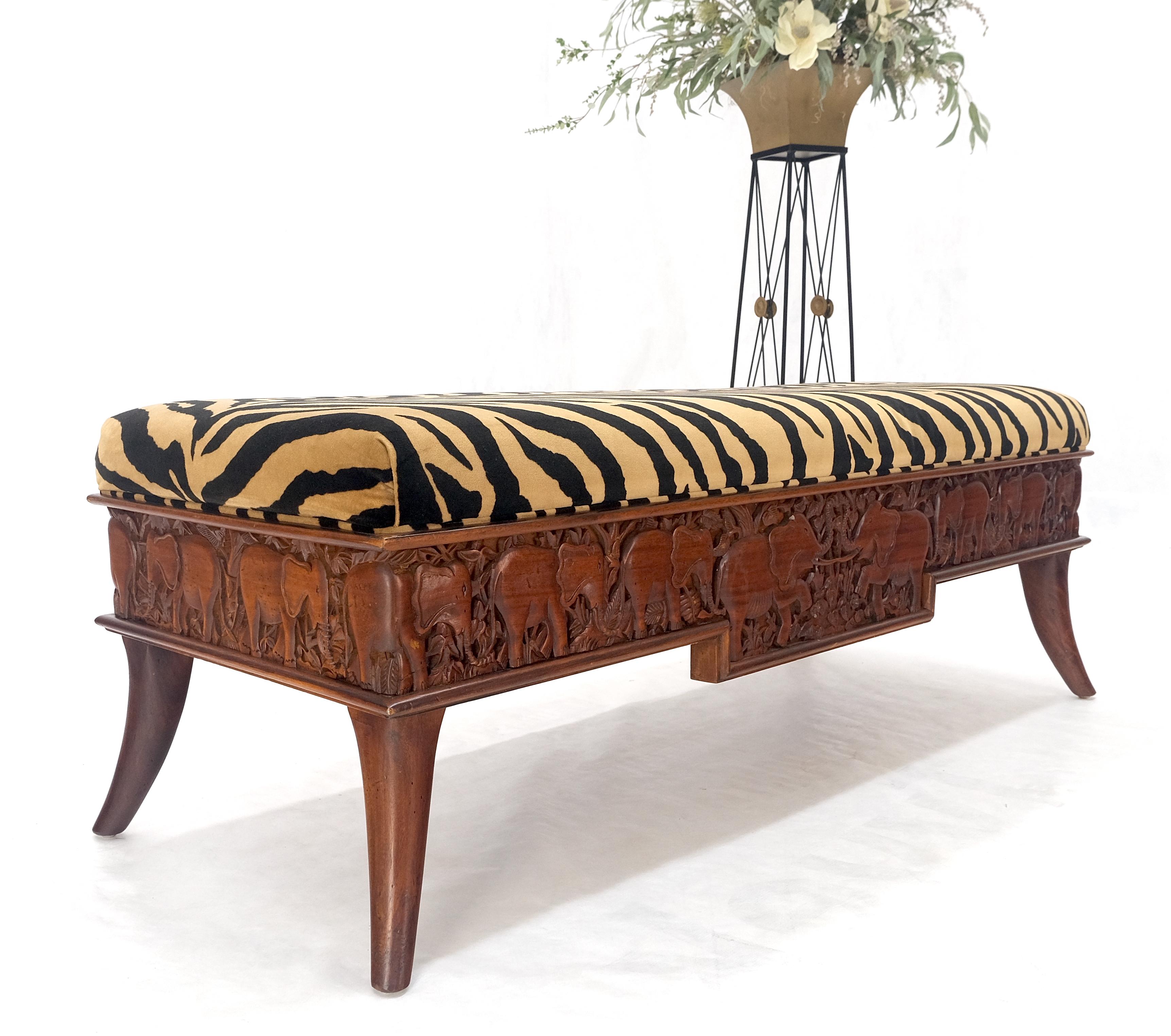20th Century Heavy Solid Carved Elephants Teak Base Tiger Upholstery Horn Leg Bench MINT! For Sale