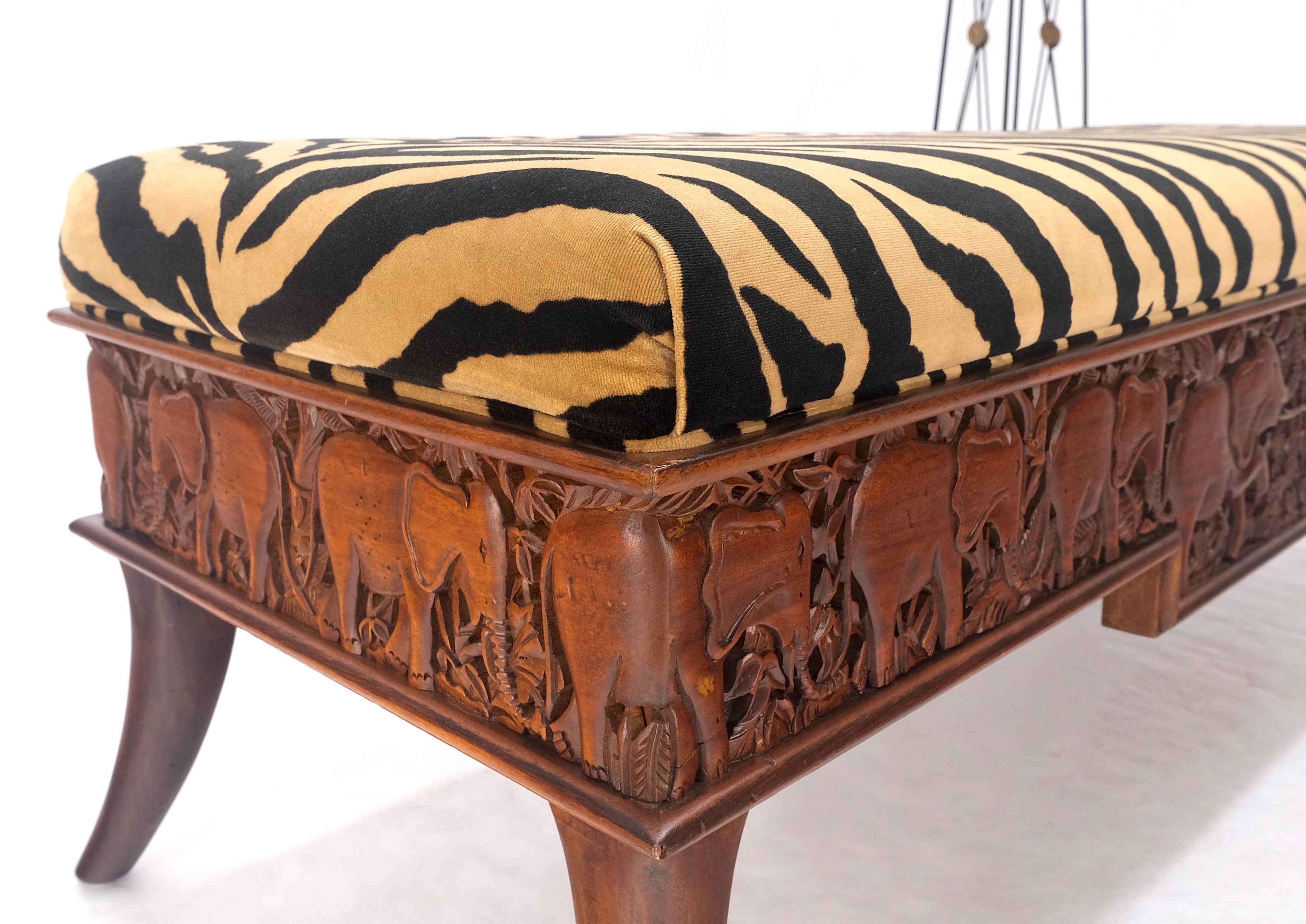 Heavy Solid Carved Elephants Teak Base Tiger Upholstery Horn Leg Bench MINT! For Sale 1