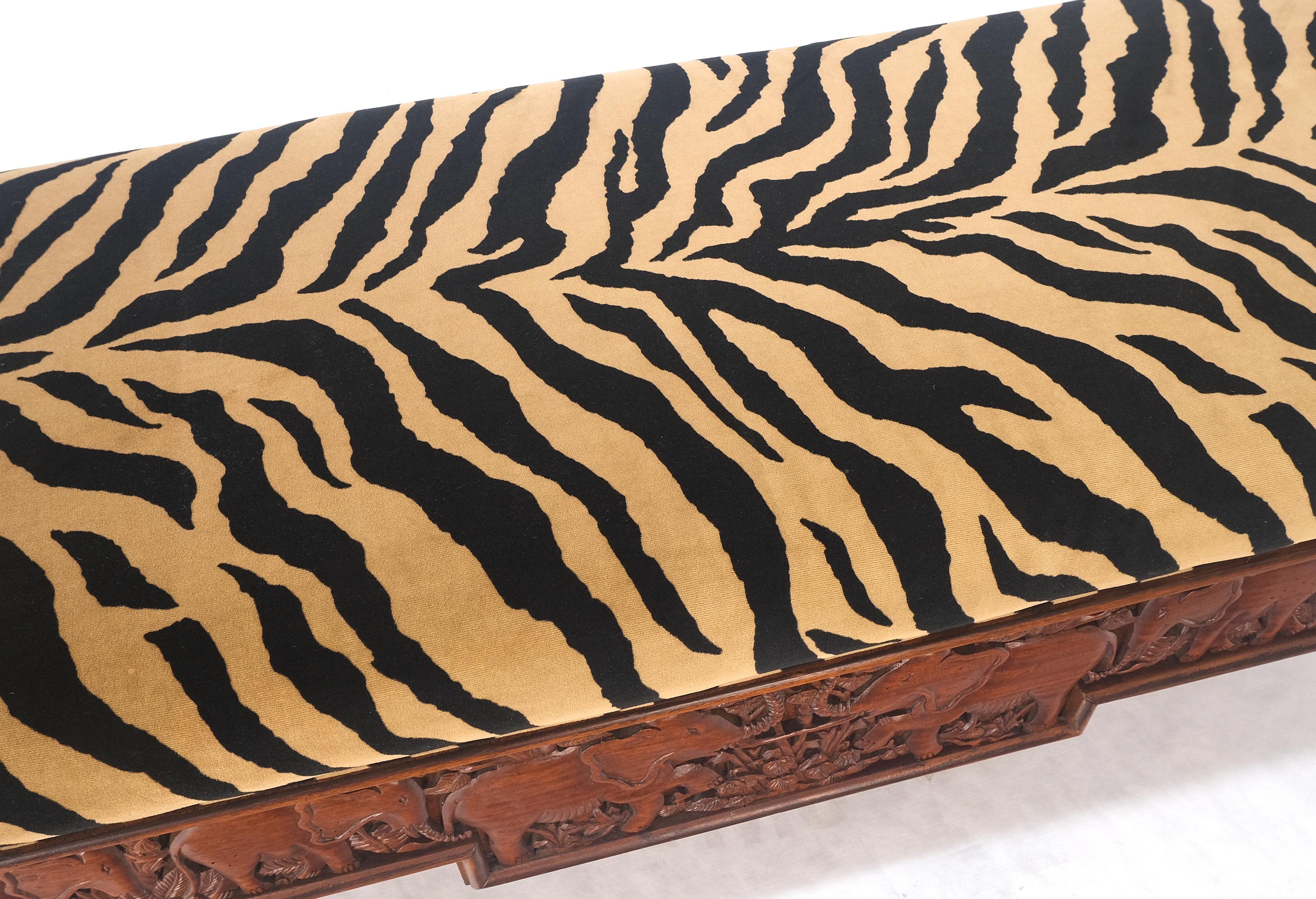 Heavy Solid Carved Elephants Teak Base Tiger Upholstery Horn Leg Bench MINT! For Sale 2