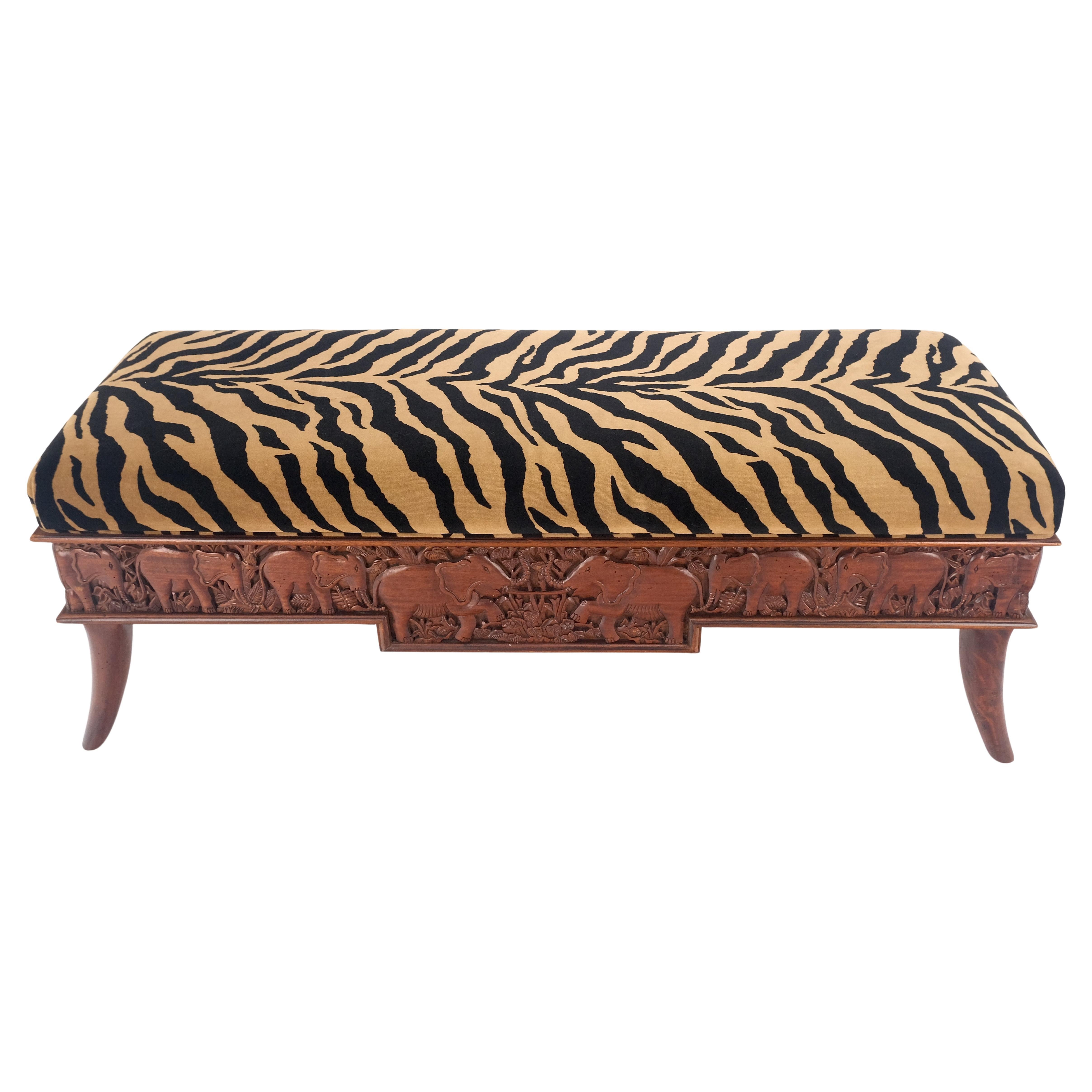 Heavy Solid Carved Elephants Teak Base Tiger Upholstery Horn Leg Bench MINT! For Sale