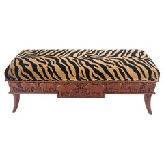 Vintage Heavy Solid Carved Elephants Teak Base Tiger Upholstery Horn Leg Bench MINT!