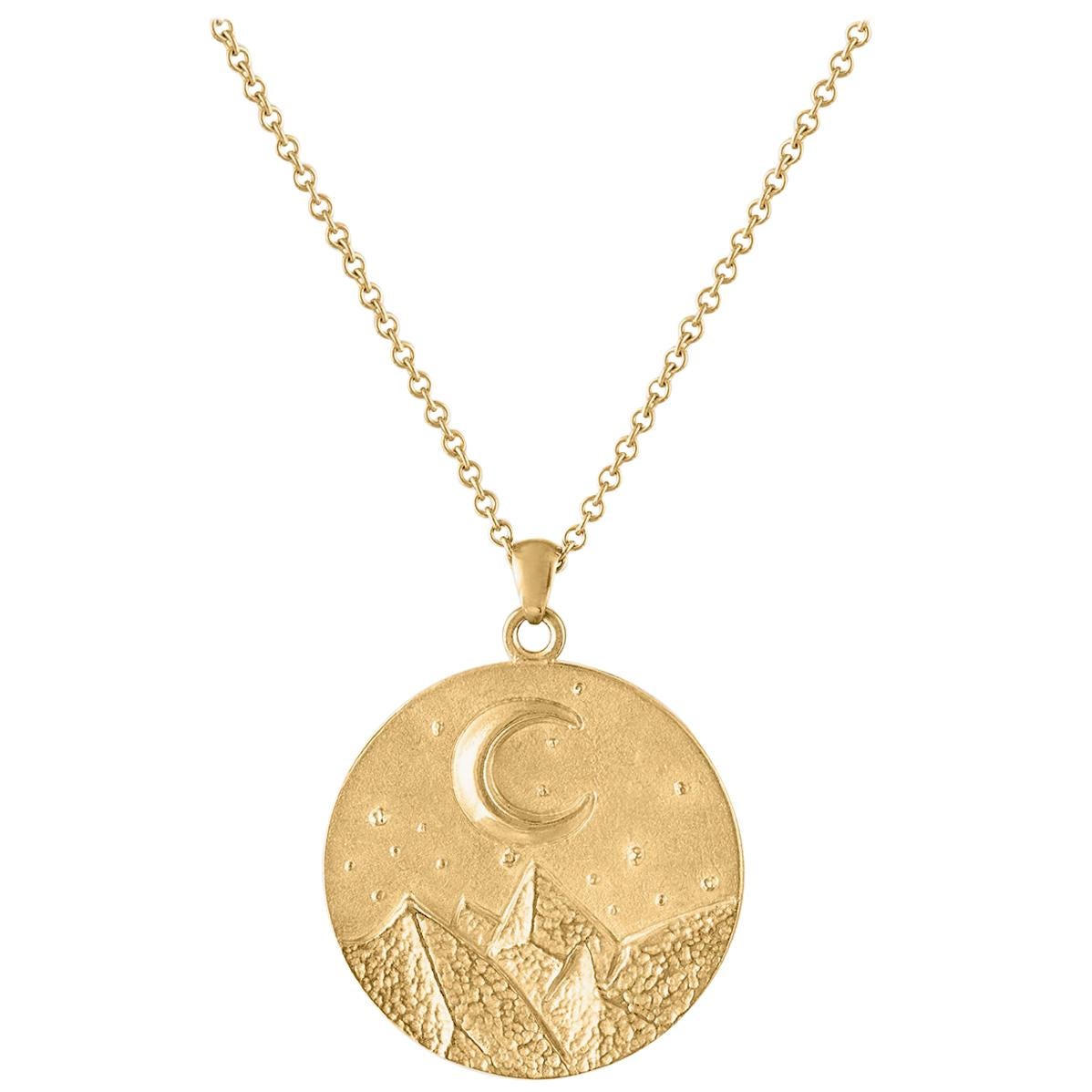 Heavy Solid Gold Moon and Stars Pendant, 14 Karat Yellow Gold, Solid Gold Chain For Sale