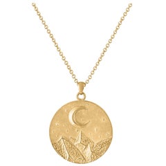 Heavy Solid Gold Moon and Stars Pendant, 14 Karat Yellow Gold, Solid Gold Chain