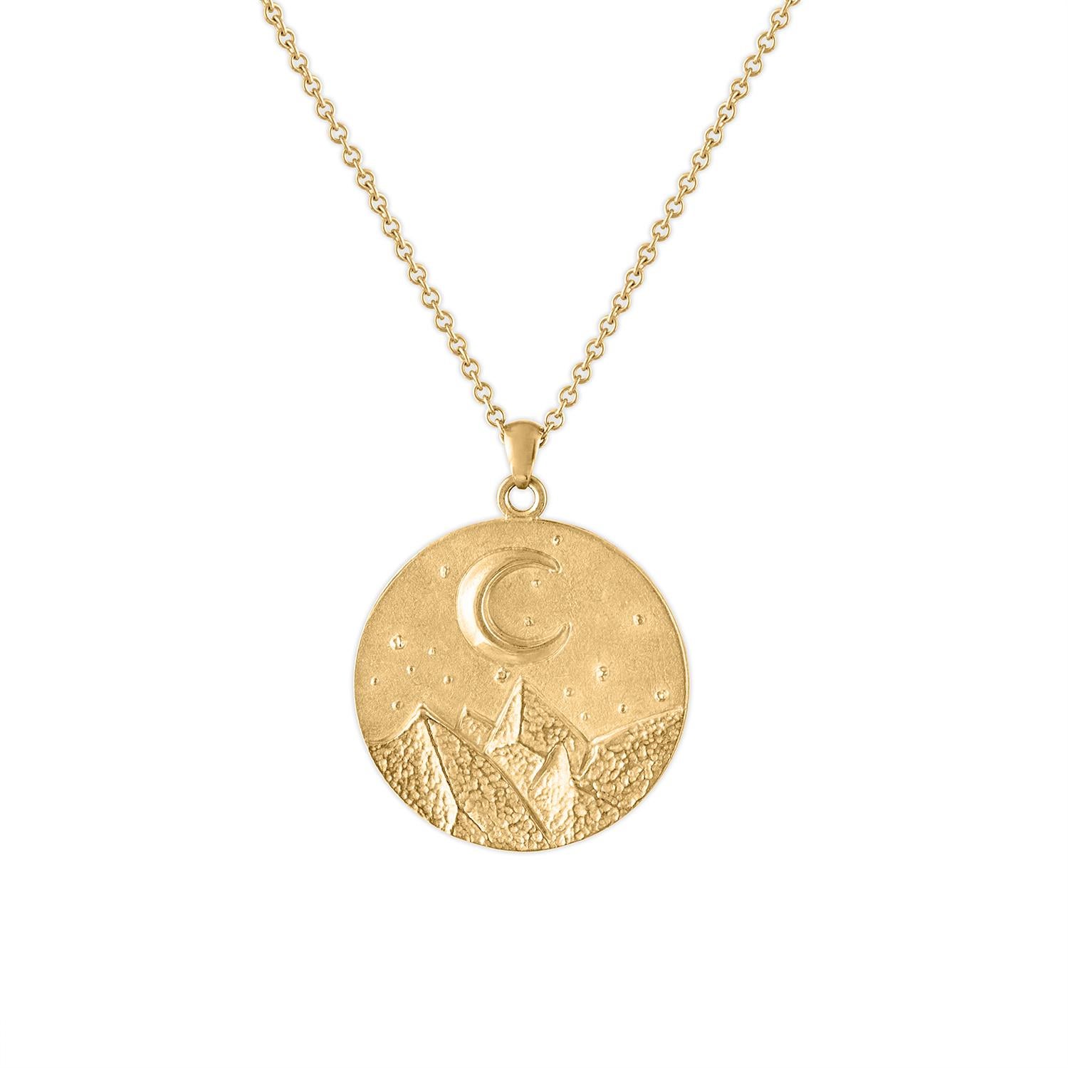 Heavy Solid Gold Moon and Stars Pendant, 14 Karat Yellow Gold, Solid Gold Chain In New Condition For Sale In New York, NY