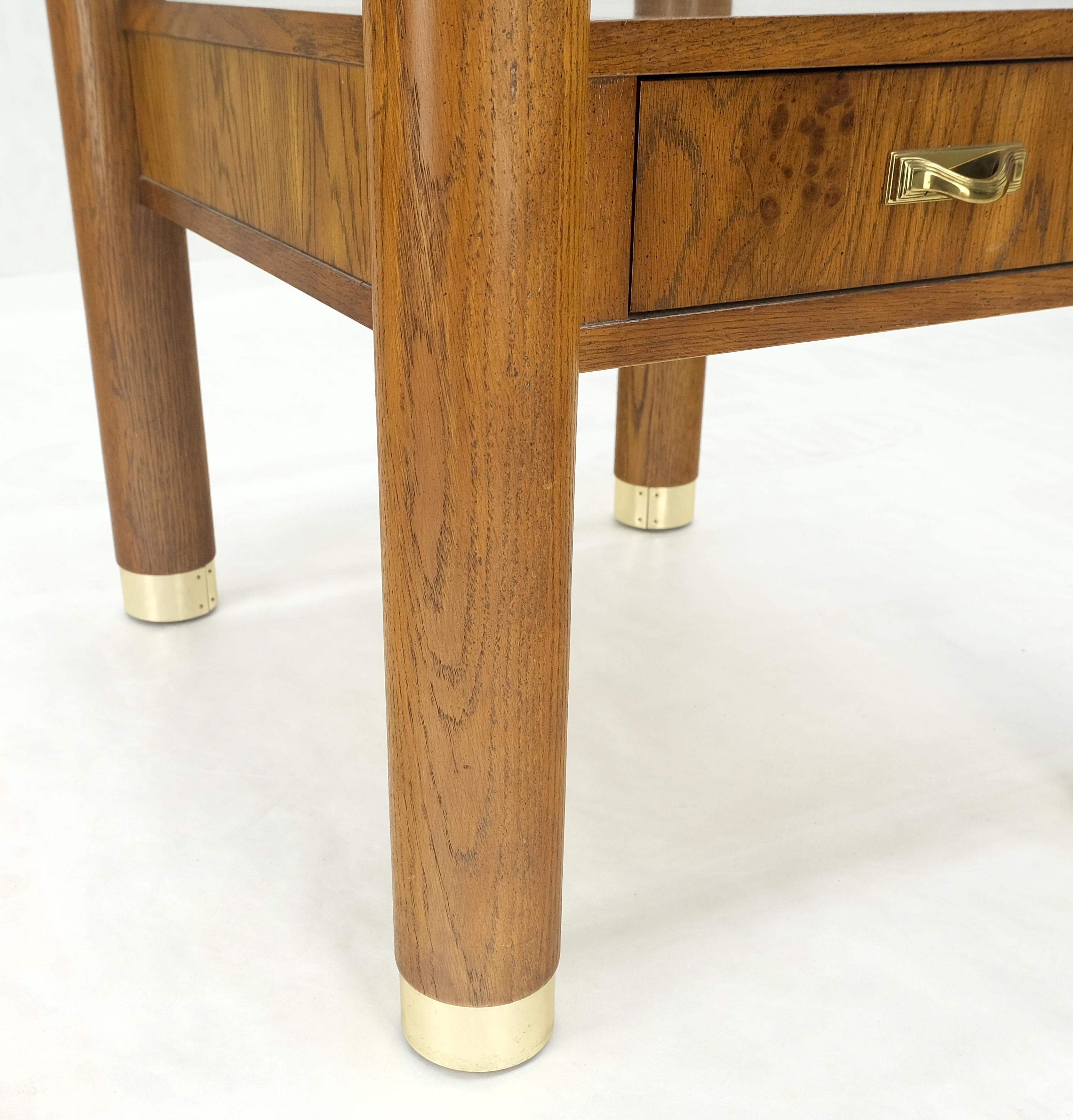 Heavy Solid Oak Cylinder Legs Brass Tips Hardware One Drawer Glass Top End Table For Sale 4