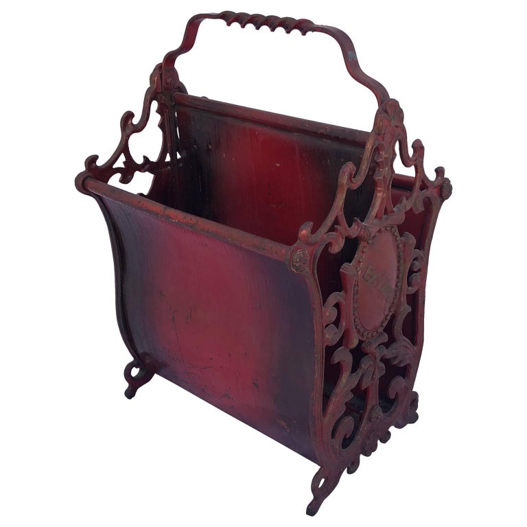 19th Century Red Painted Wrought Iron Magazine Rack, 