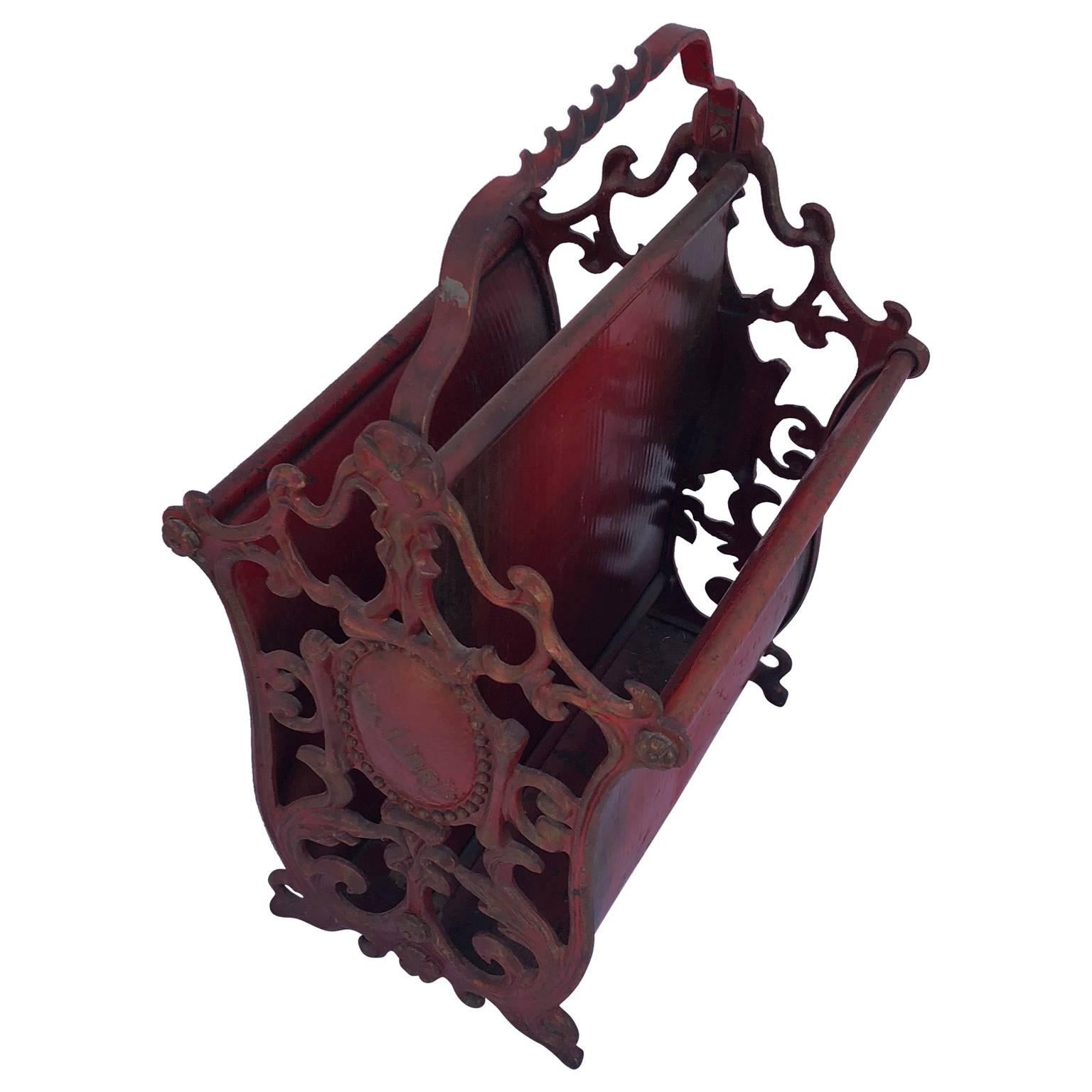 American Red Painted Wrought Iron Magazine Rack, 