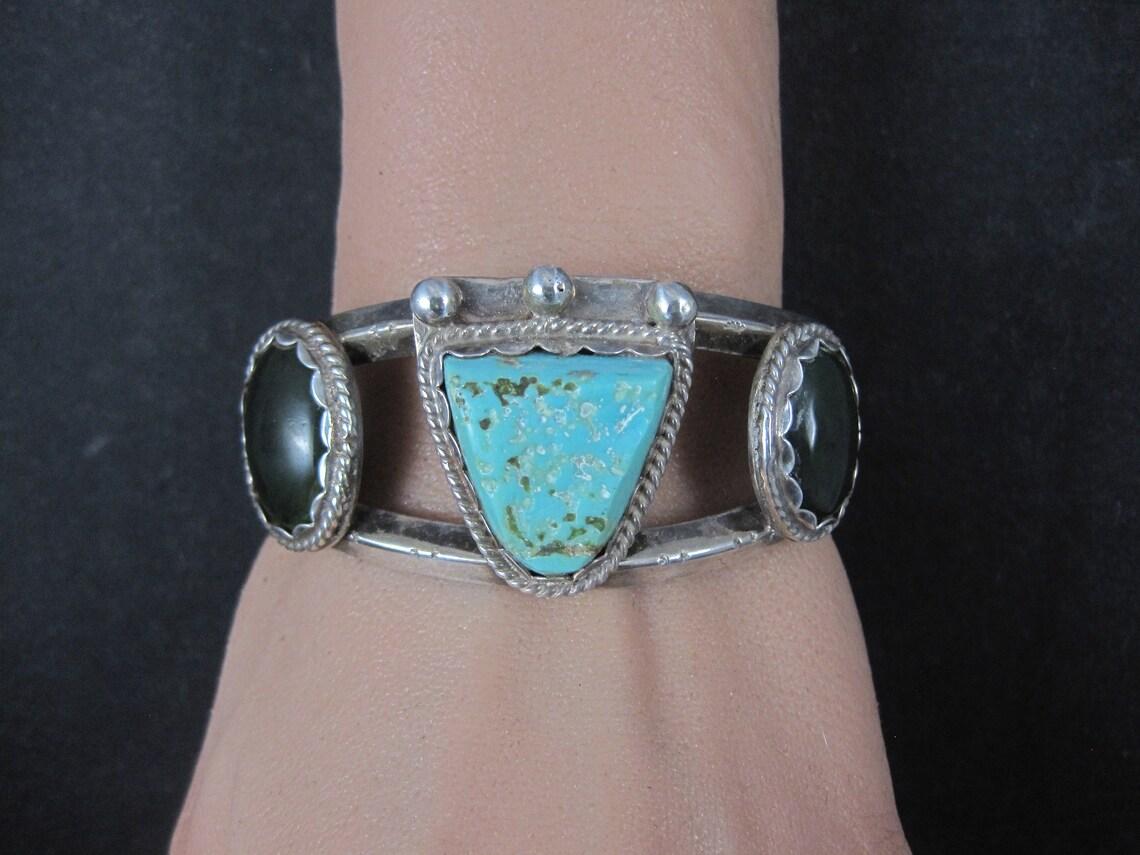 Heavy Southwestern Sterling Turquoise Jade Cuff Bracelet For Sale 4