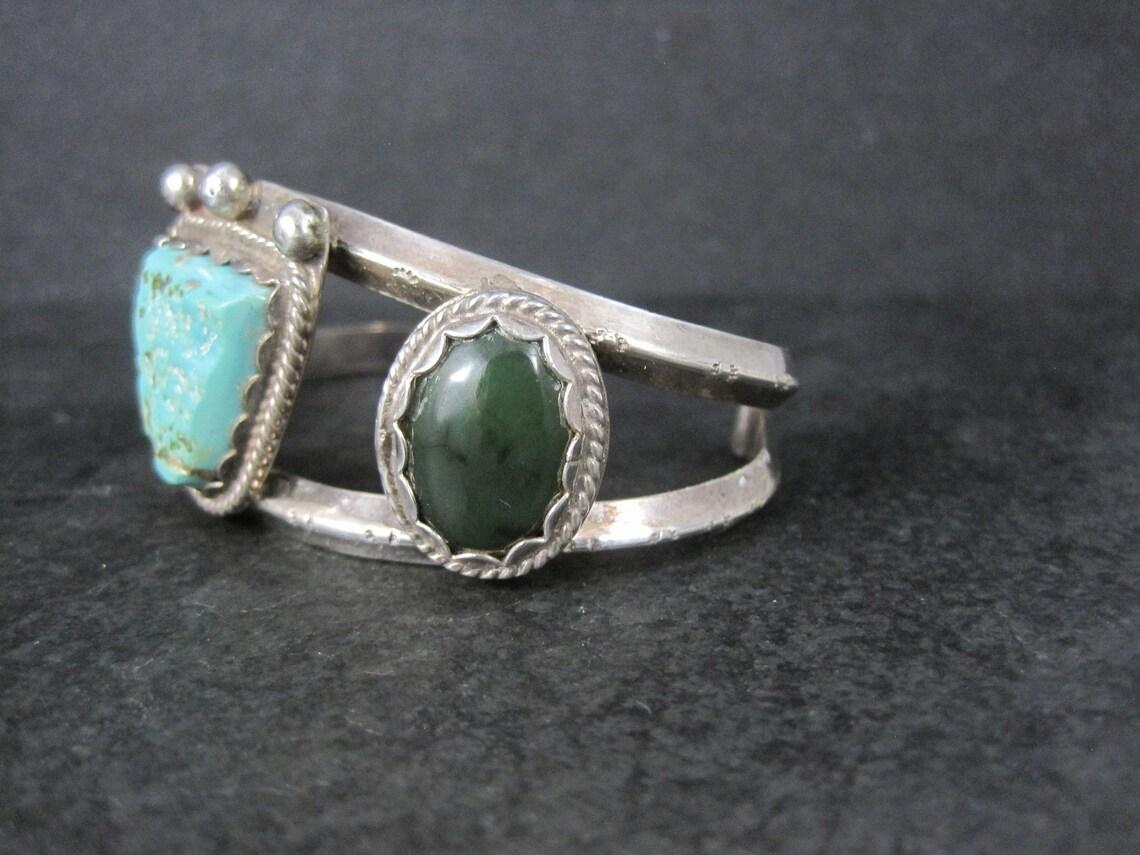 Heavy Southwestern Sterling Turquoise Jade Cuff Bracelet In Good Condition For Sale In Webster, SD