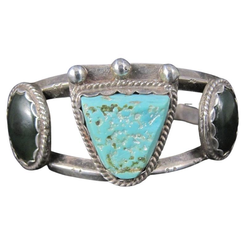 Heavy Southwestern Sterling Turquoise Jade Cuff Bracelet For Sale