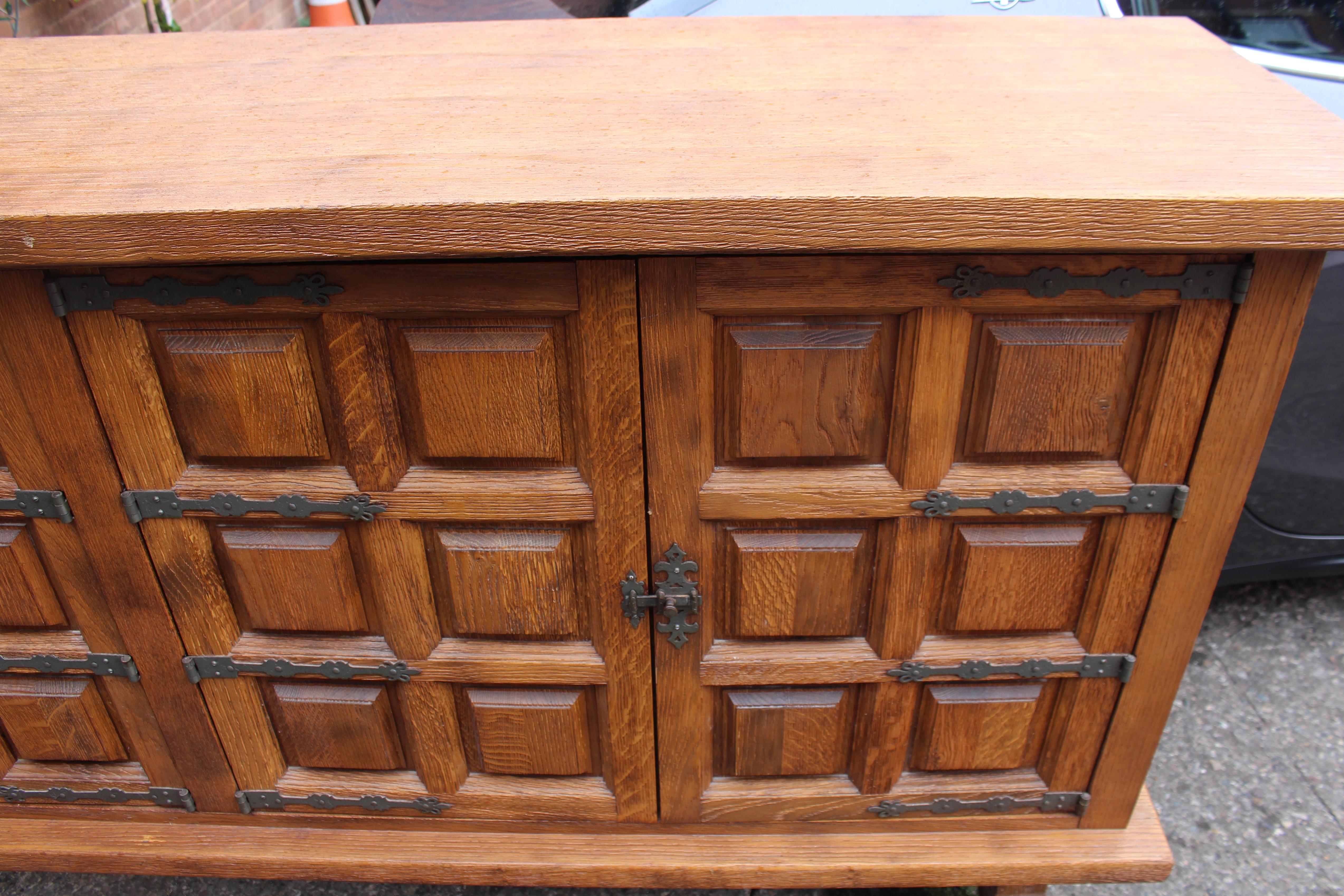 Heavy Spanish Oak Side Cabinet with Geometric Panel Doors For Sale 1