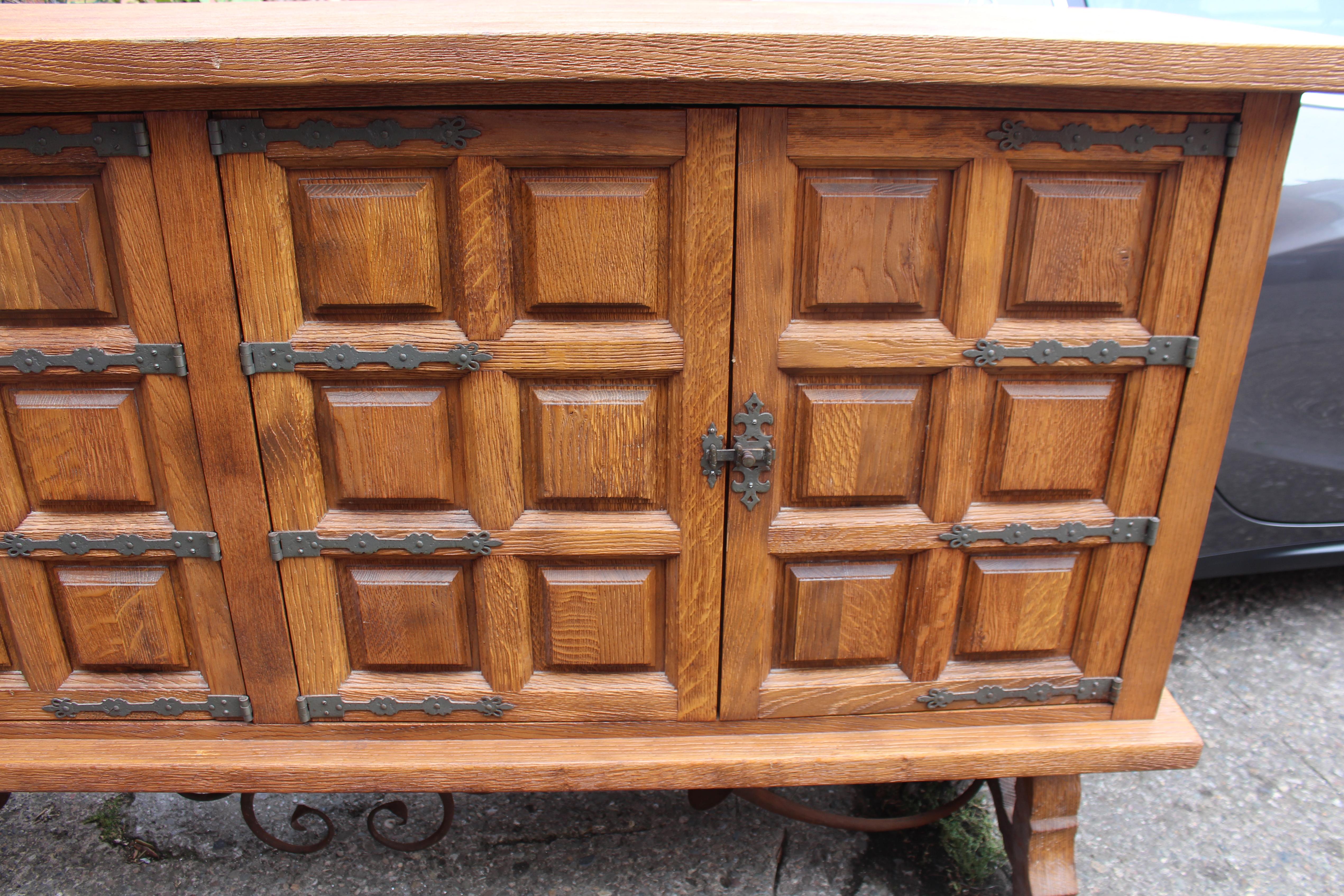Heavy Spanish Oak Side Cabinet with Geometric Panel Doors For Sale 2